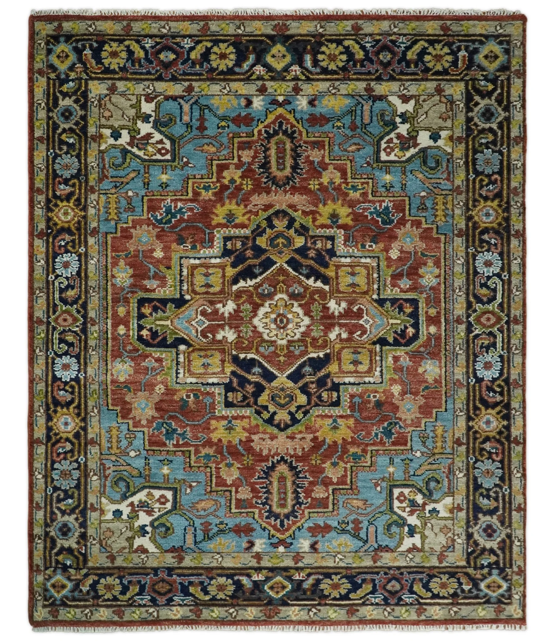 Rust, Blue and Beige Traditional Heriz Medallion Hand Knotted Multi Size Wool Area Rug - Image 9