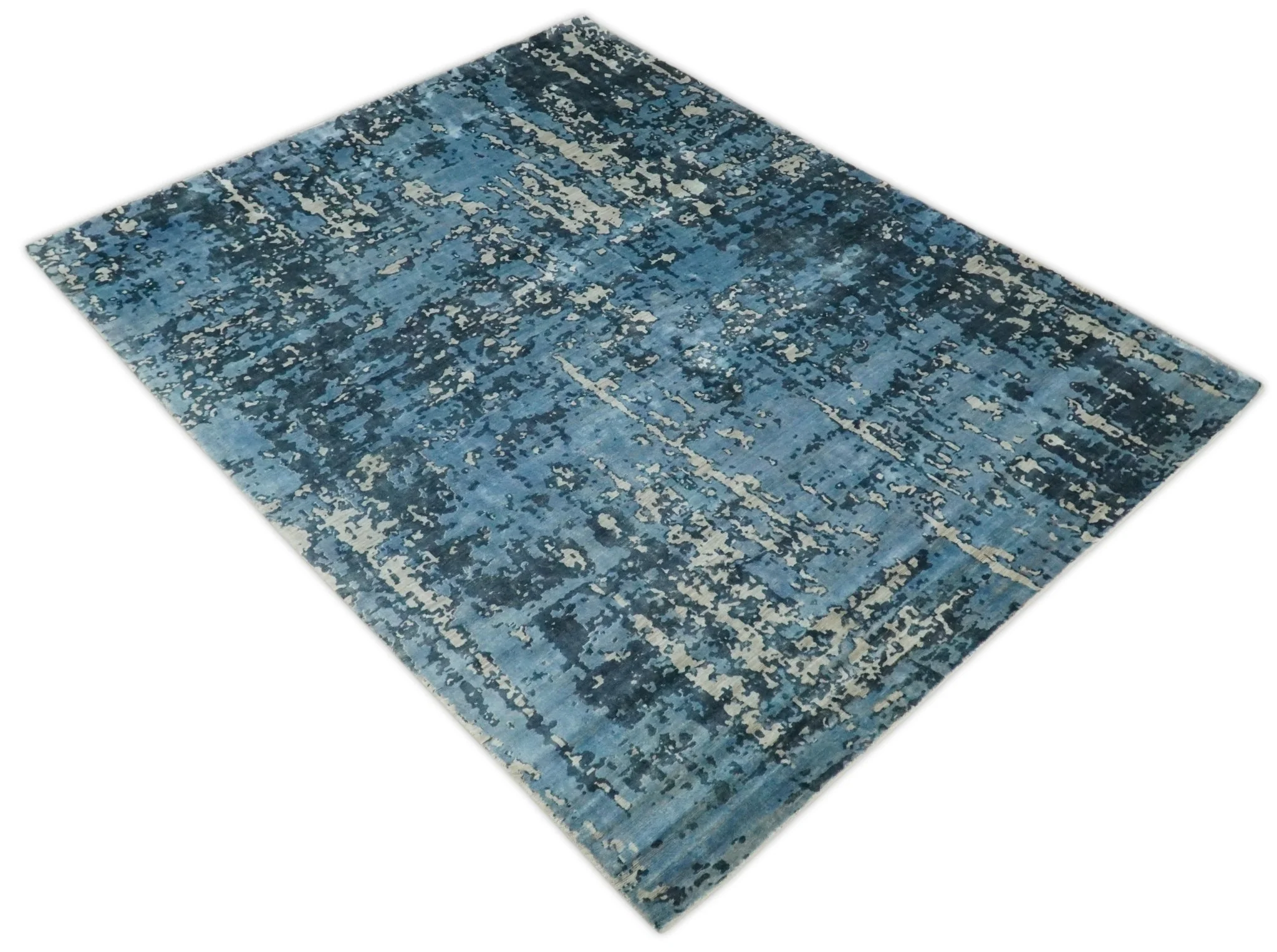 Handmade 8x10 Blue and Ivory Bamboo Silk Area Rug - Image 10