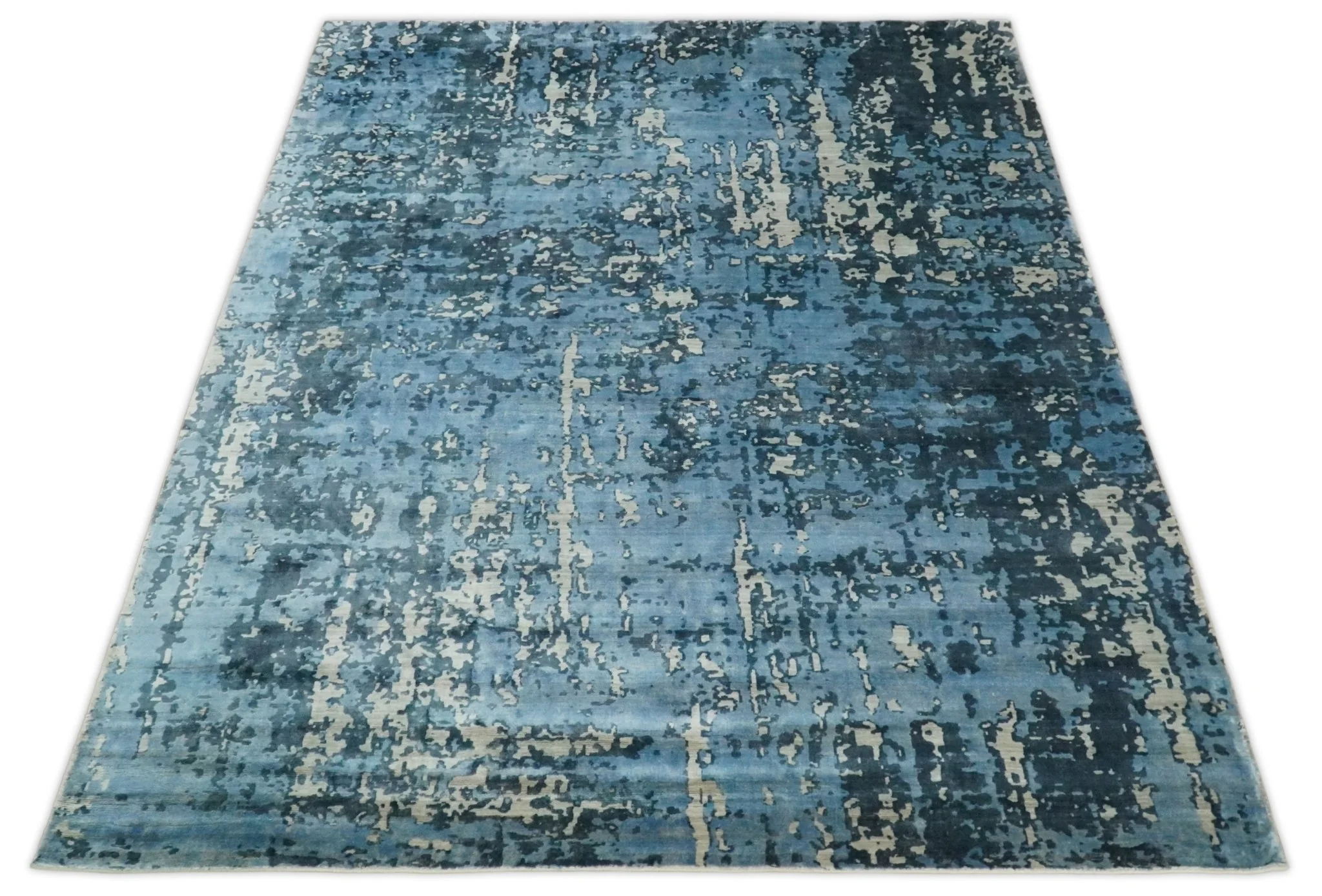 Handmade 8x10 Blue and Ivory Bamboo Silk Area Rug - Image 3