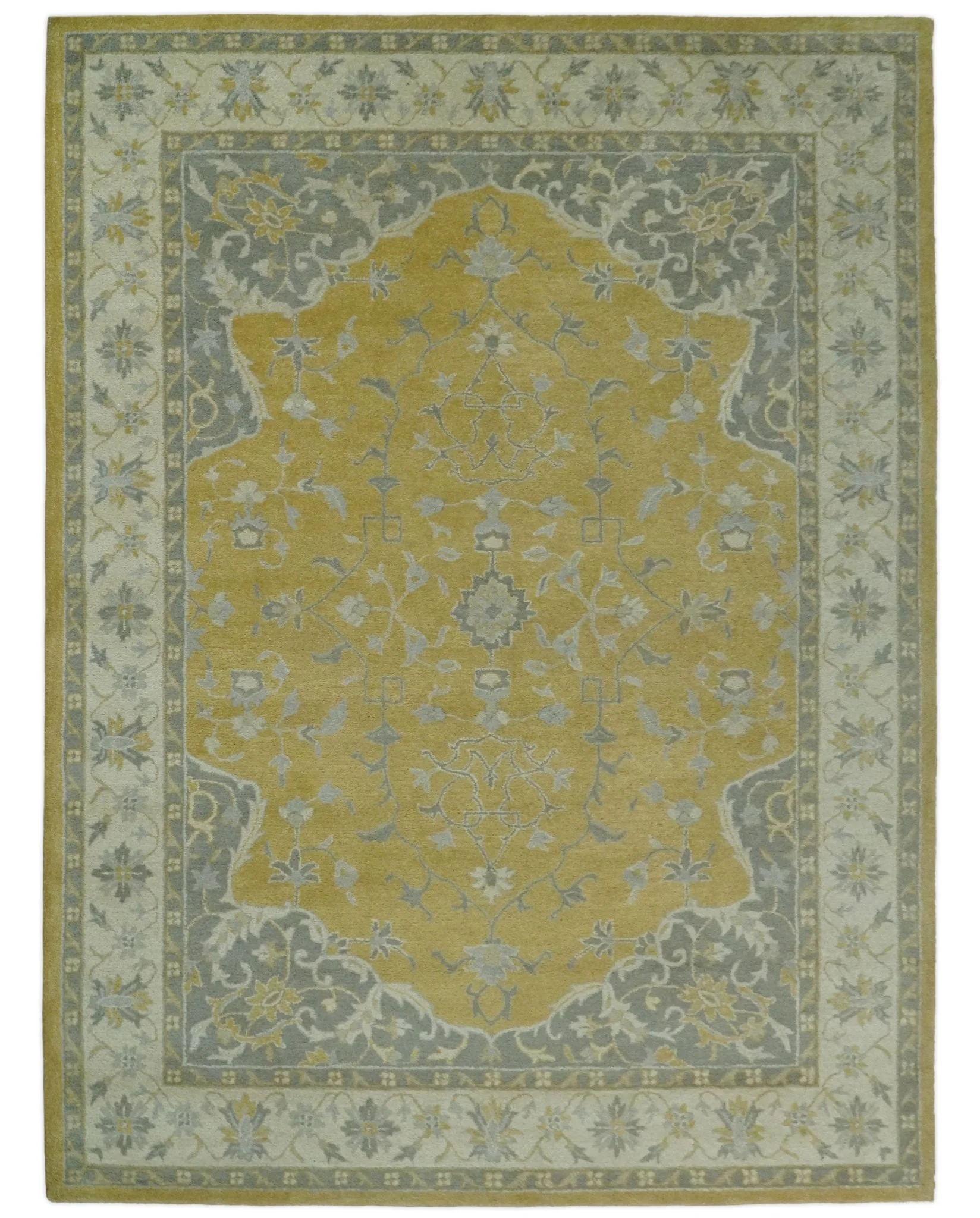Handmade 8x10 and 9x12 Traditional Vintage Design Mustard and Silver Wool Area Rug | TRDCP127810 - Image 12