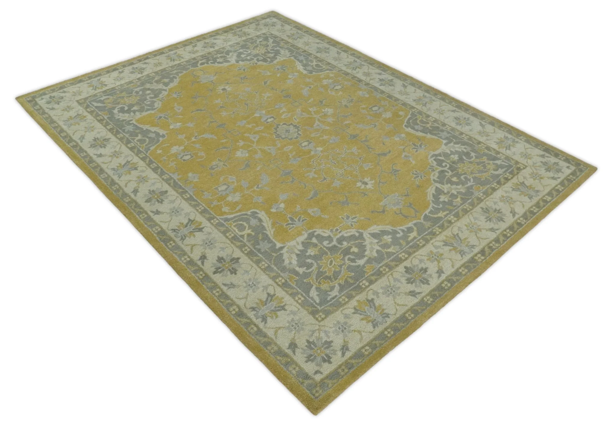 Handmade 8x10 and 9x12 Traditional Vintage Design Mustard and Silver Wool Area Rug | TRDCP127810 - Image 13
