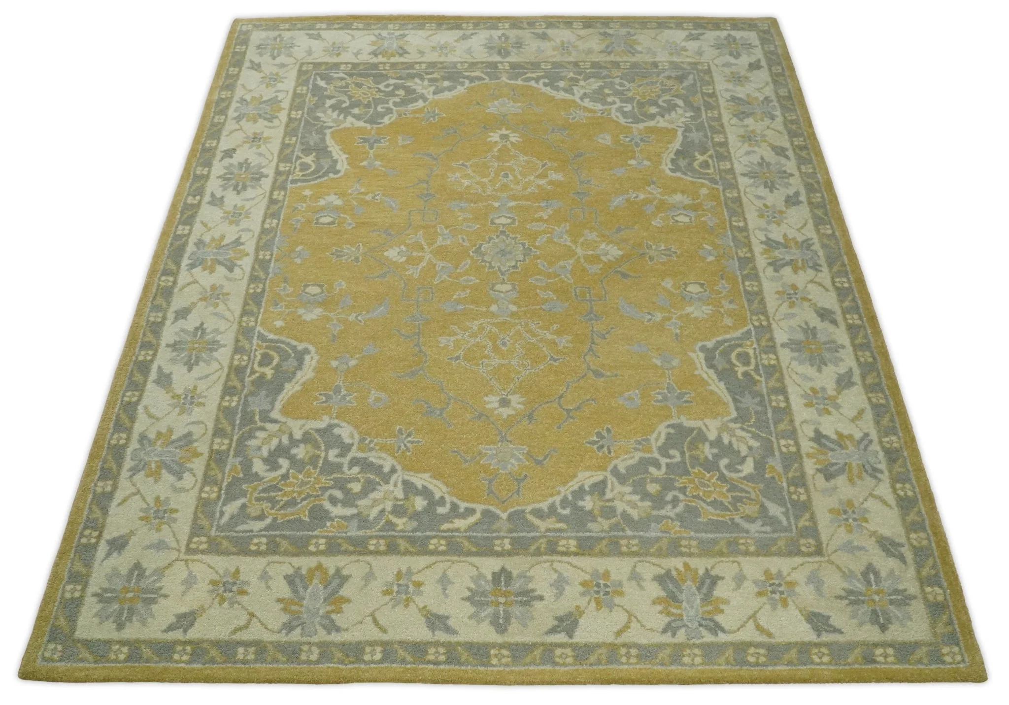 Handmade 8x10 and 9x12 Traditional Vintage Design Mustard and Silver Wool Area Rug | TRDCP127810 - Image 3