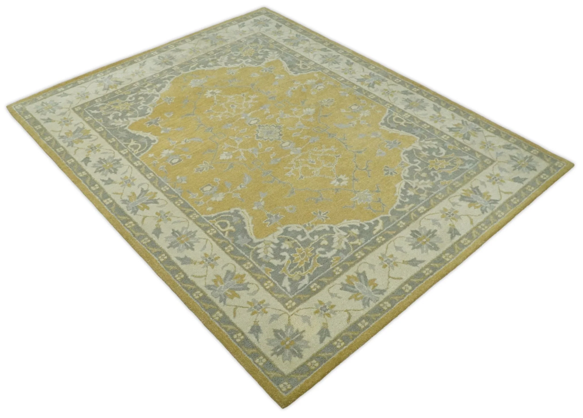 Handmade 8x10 and 9x12 Traditional Vintage Design Mustard and Silver Wool Area Rug | TRDCP127810 - Image 7