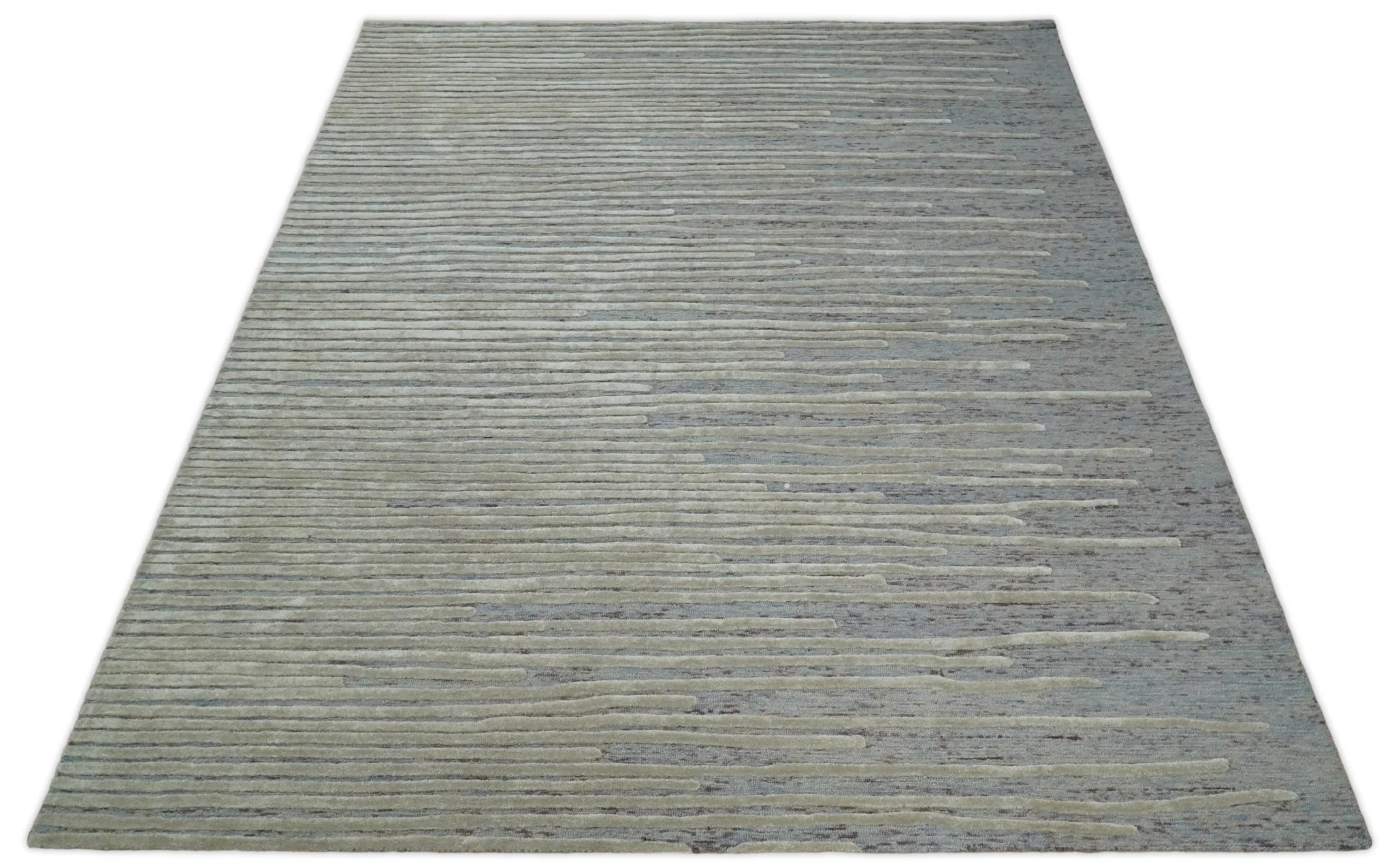 Beige and Blue Handmade 8x10 Wool and Silk Area Rug - Image 4