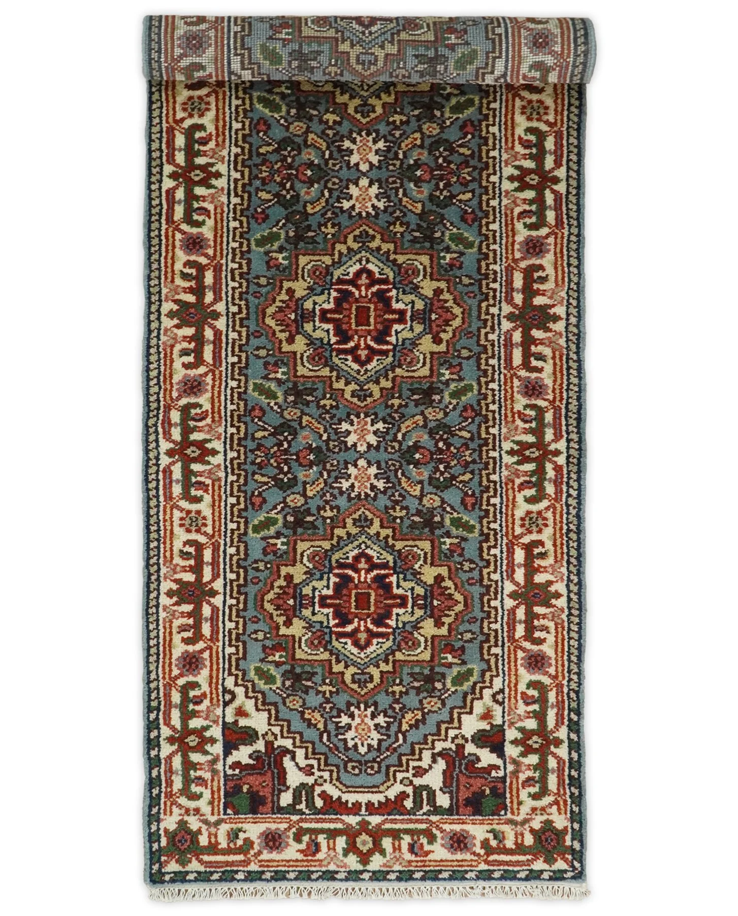 Handmade Blue and Ivory Heriz Serapi 8 Feet Runner made with wool | TRDCP41268 - Image 4