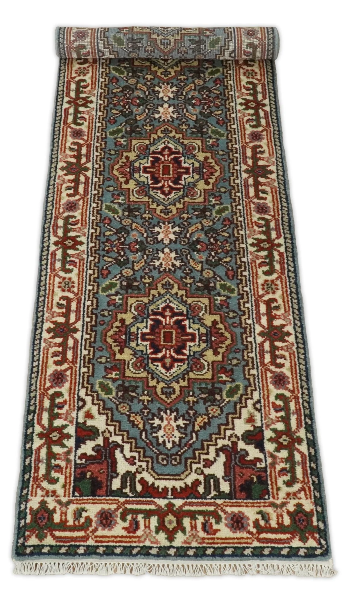 Handmade Blue and Ivory Heriz Serapi 8 Feet Runner made with wool | TRDCP41268 - Image 5