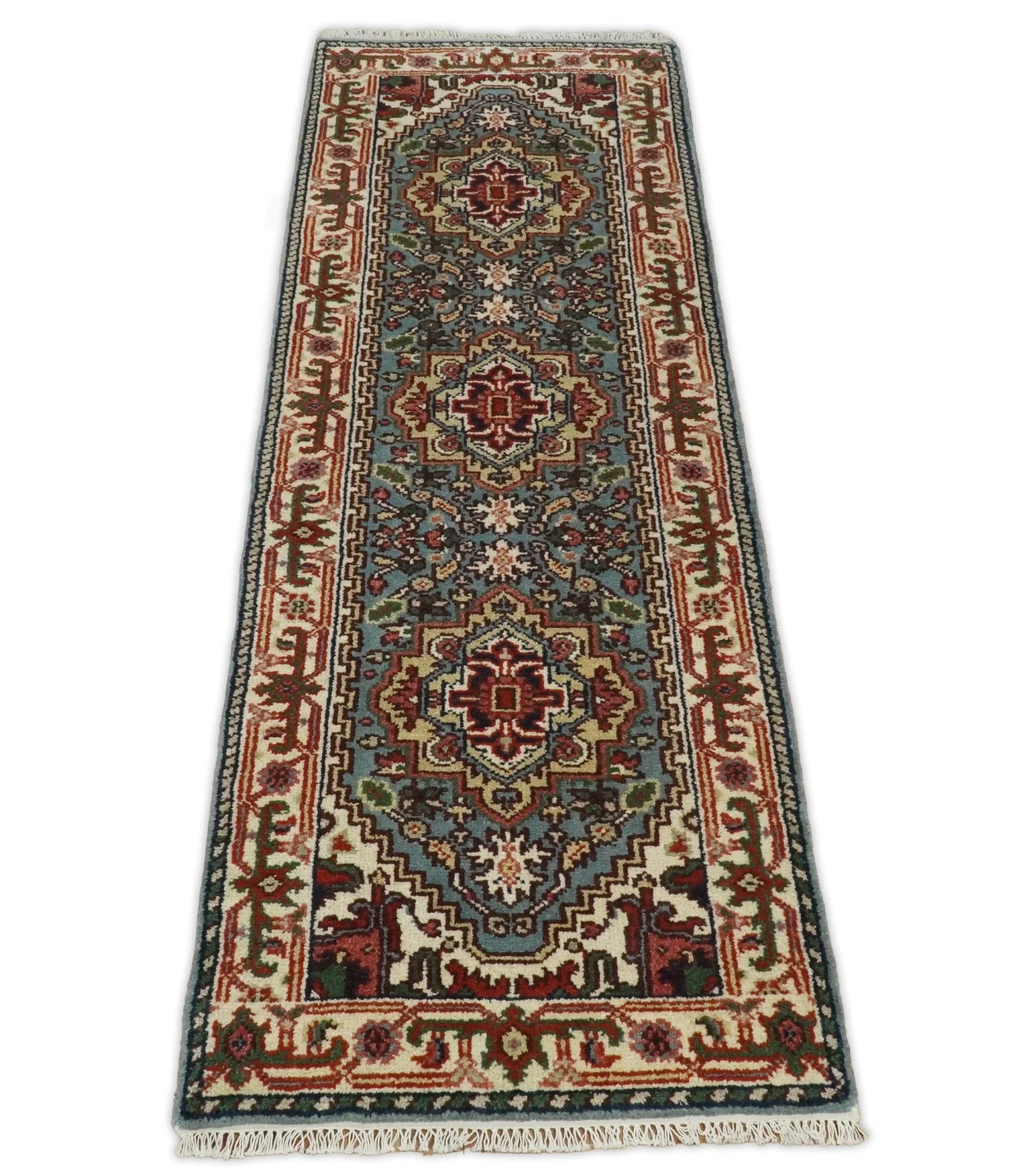Handmade Blue and Ivory Heriz Serapi 8 Feet Runner made with wool | TRDCP41268 - Image 8