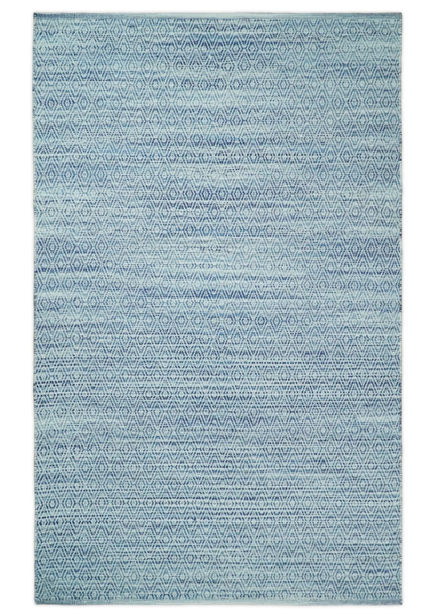 Handmade Boho 5x8 and 8x10 Ivory and Blue Wool Blend Dhurrie Rug | VIK3 - Image 3