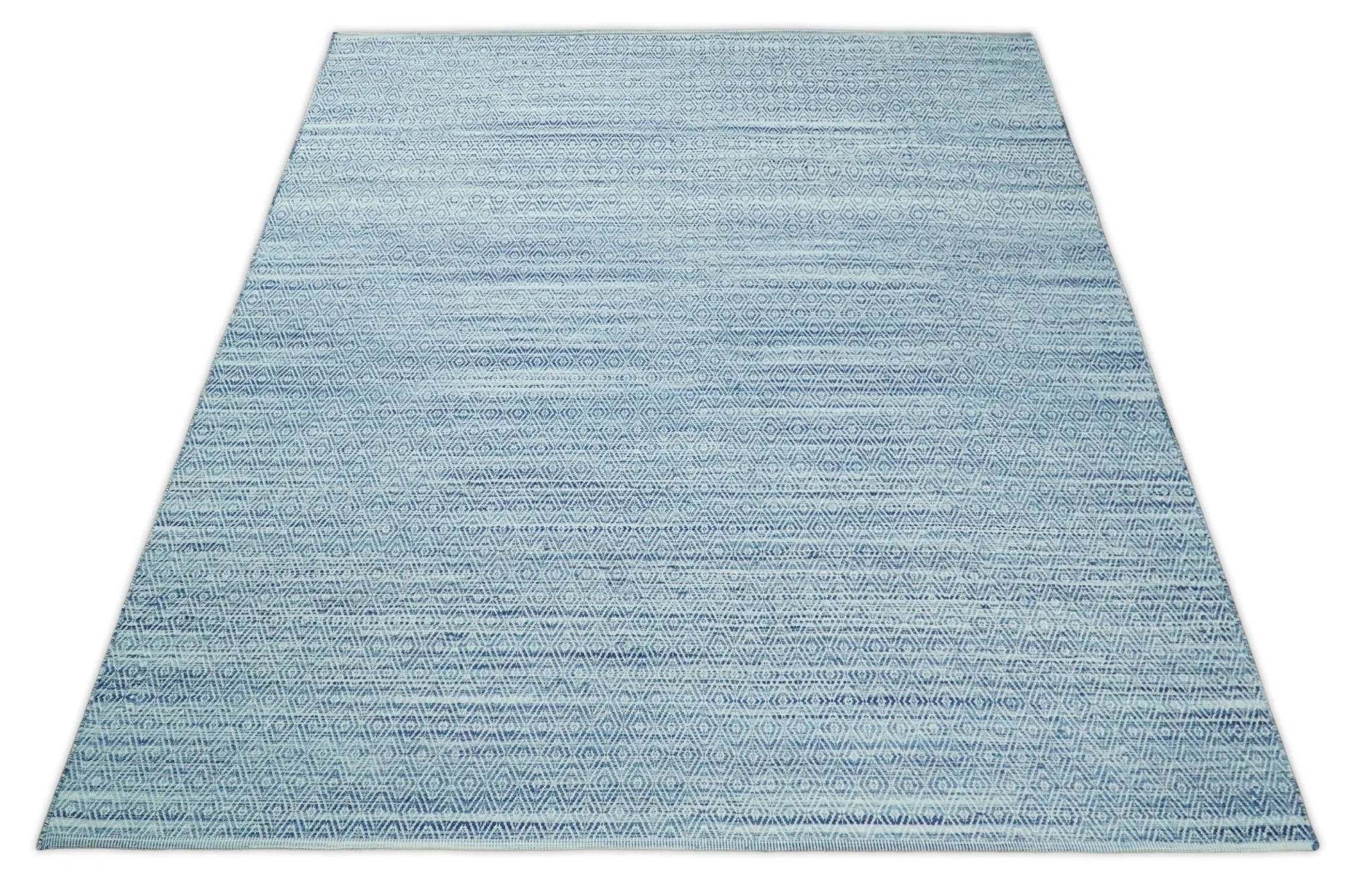 Handmade Boho 5x8 and 8x10 Ivory and Blue Wool Blend Dhurrie Rug | VIK3 - Image 4