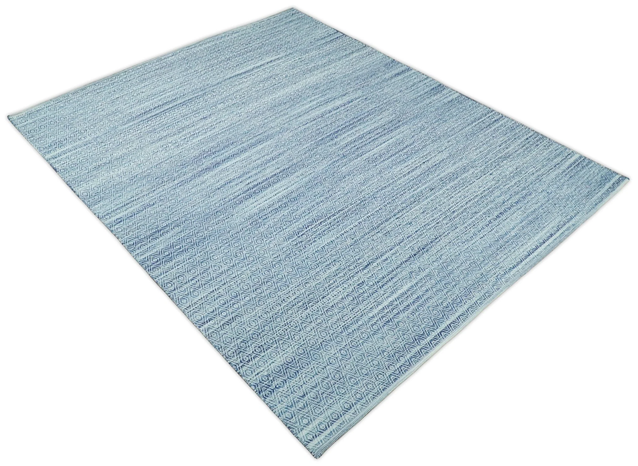 Handmade Boho 5x8 and 8x10 Ivory and Blue Wool Blend Dhurrie Rug | VIK3 - Image 7