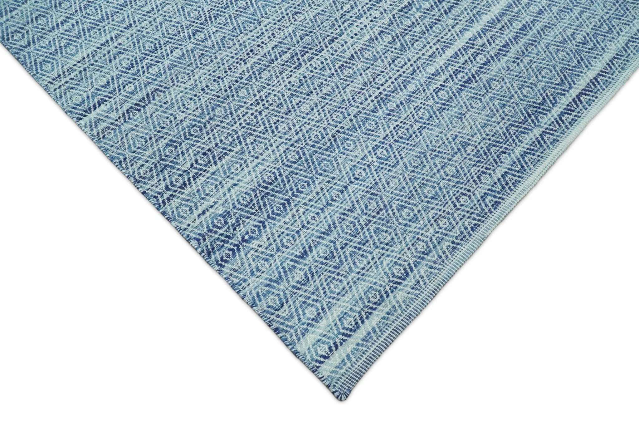 Handmade Boho 5x8 and 8x10 Ivory and Blue Wool Blend Dhurrie Rug | VIK3 - Image 8