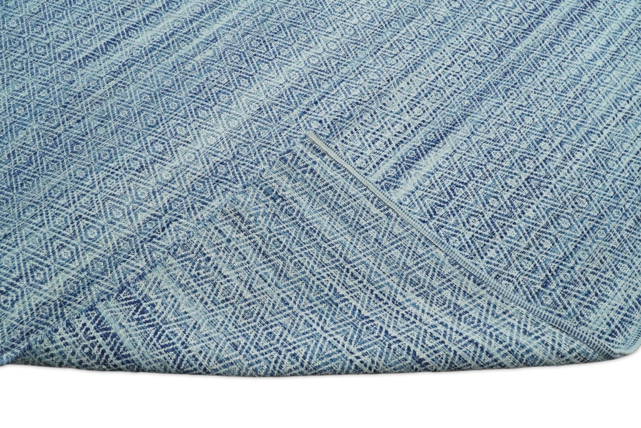 Handmade Boho 5x8 and 8x10 Ivory and Blue Wool Blend Dhurrie Rug | VIK3 - Image 9