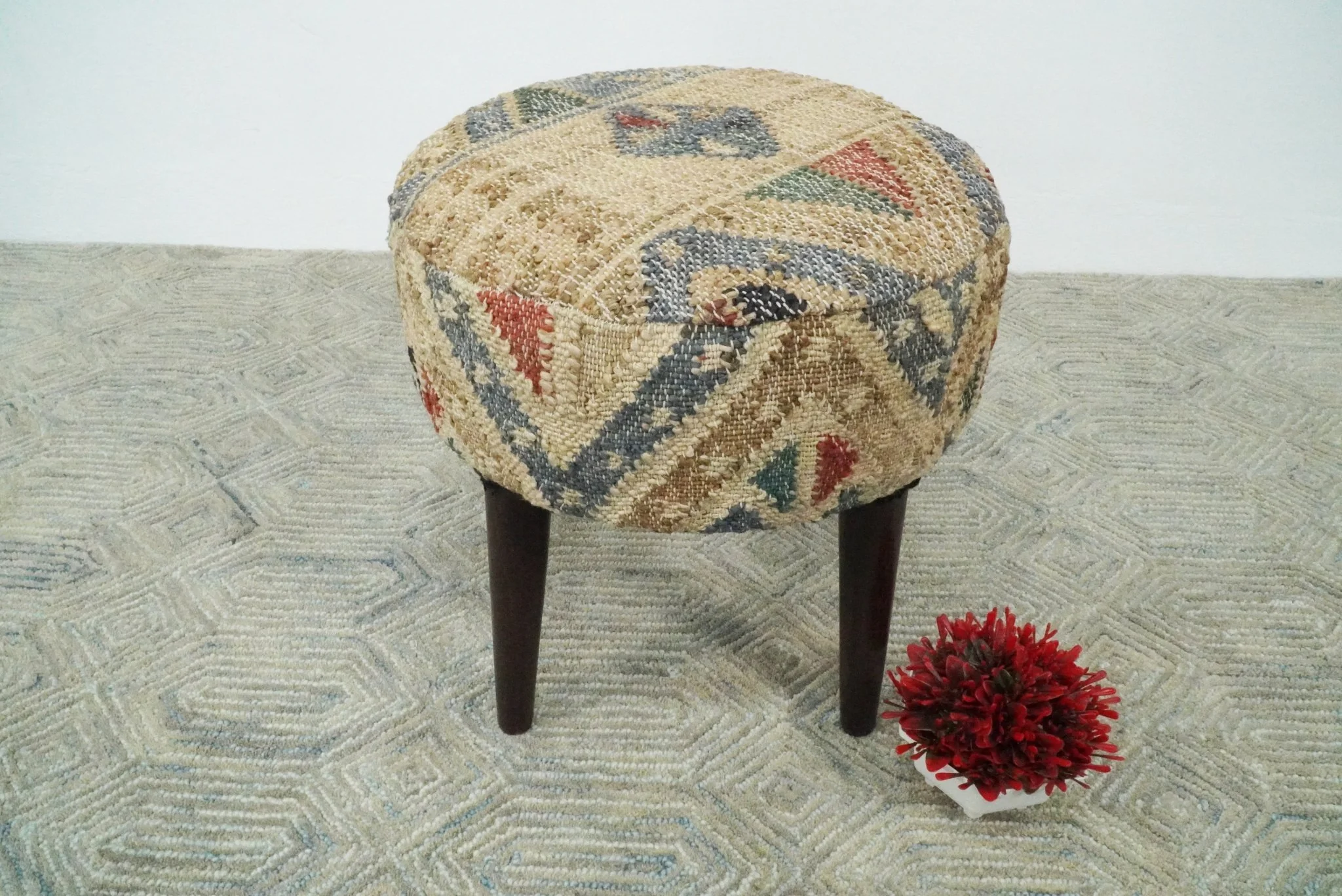 Handmade Boho Natural Brown and Blue Wooden Stool - Image 11