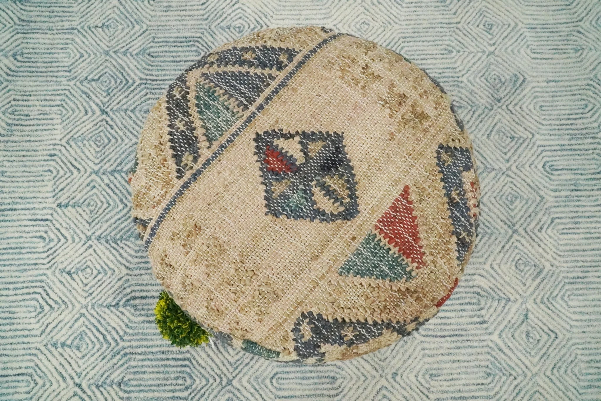 Handmade Boho Natural Brown and Blue Wooden Stool - Image 7