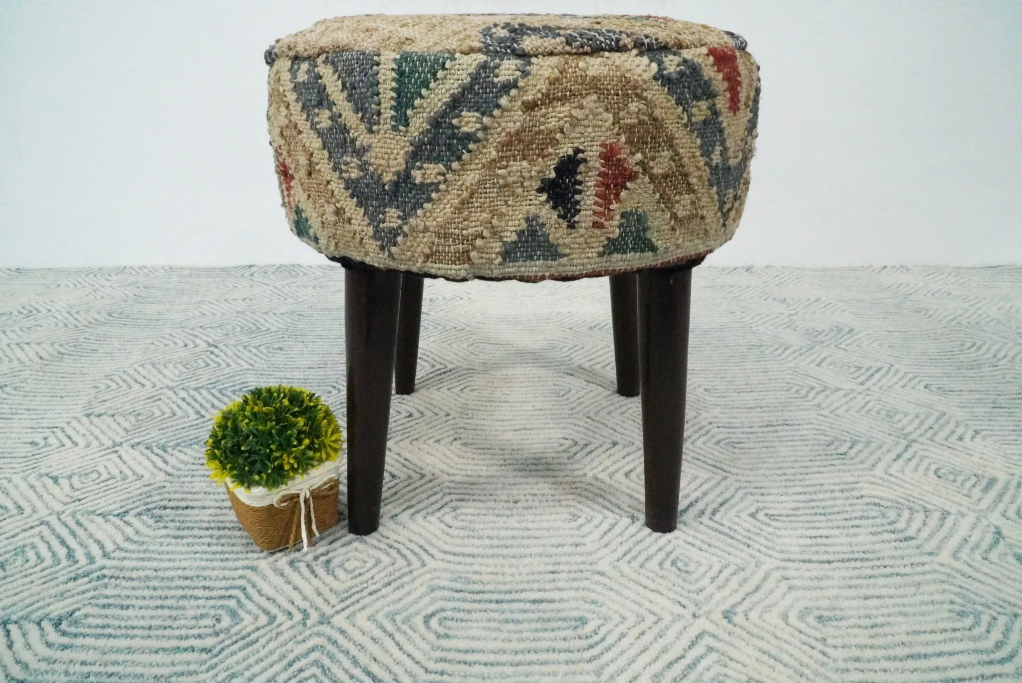 Handmade Boho Natural Brown and Blue Wooden Stool - Image 8
