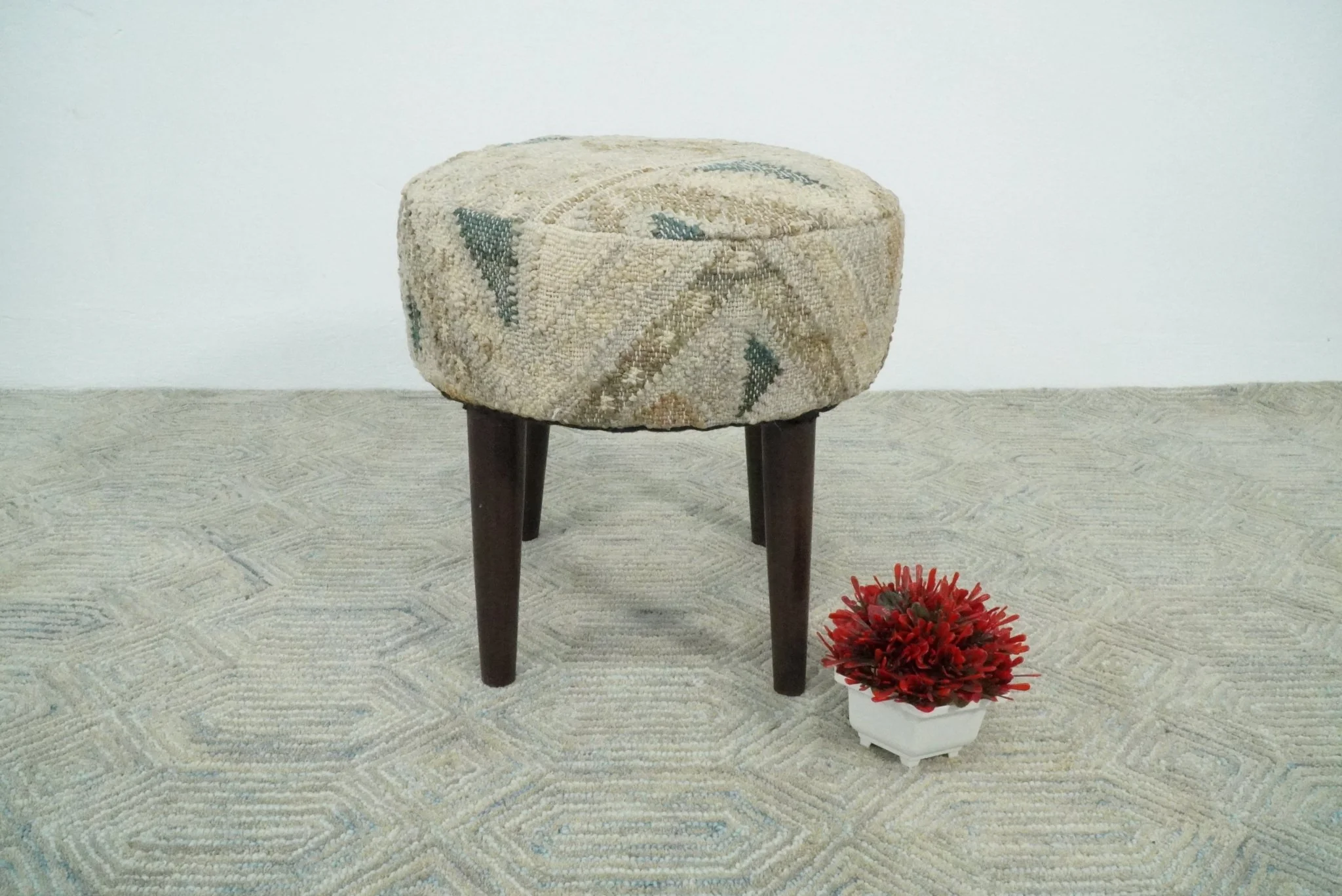 Handmade Boho Natural Brown and Ivory Wooden Stool - Image 9