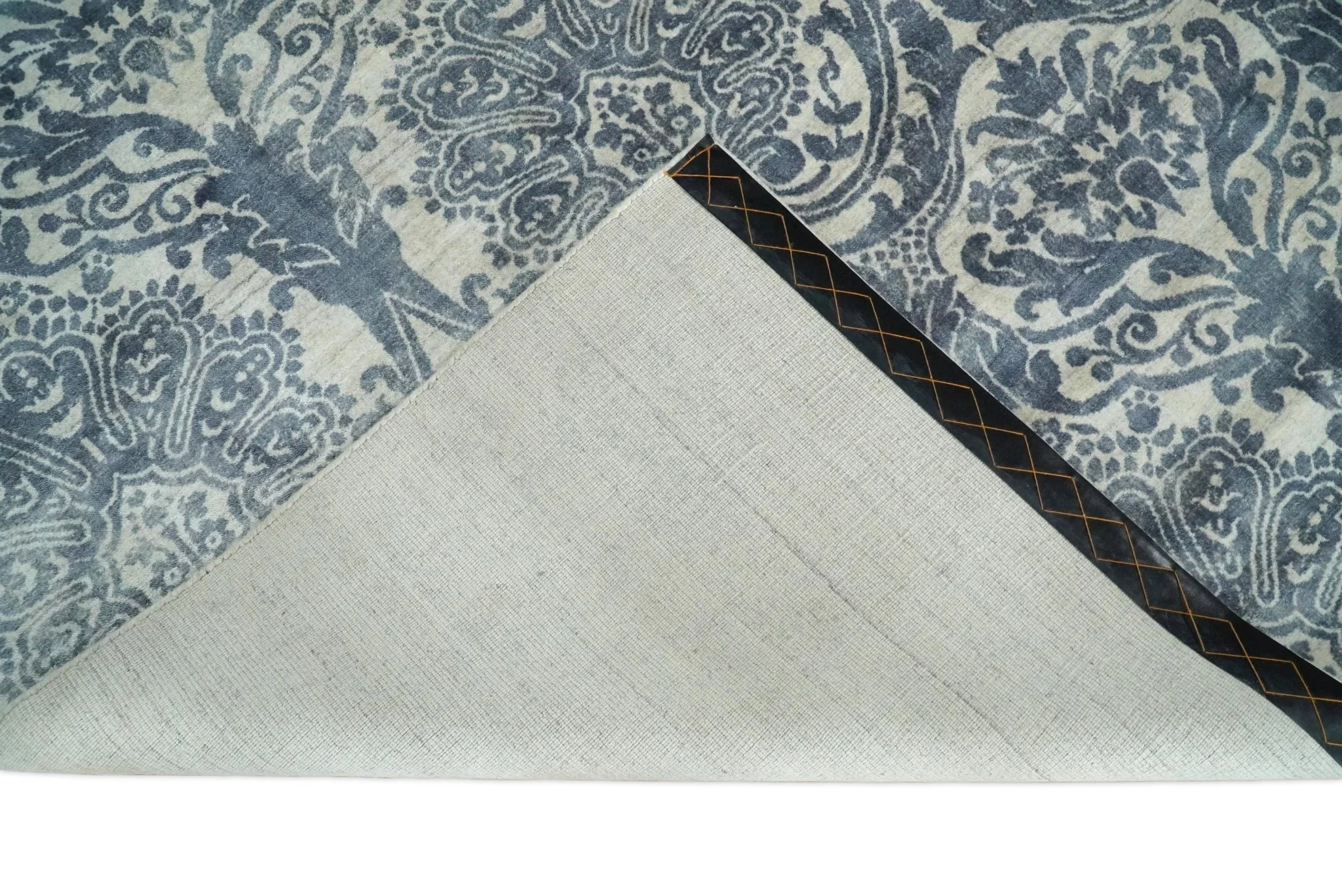 Handmade 7.8x9.10 Damask Ivory and gray Blended Wool and Bamboo Silk Area Rug - Image 10