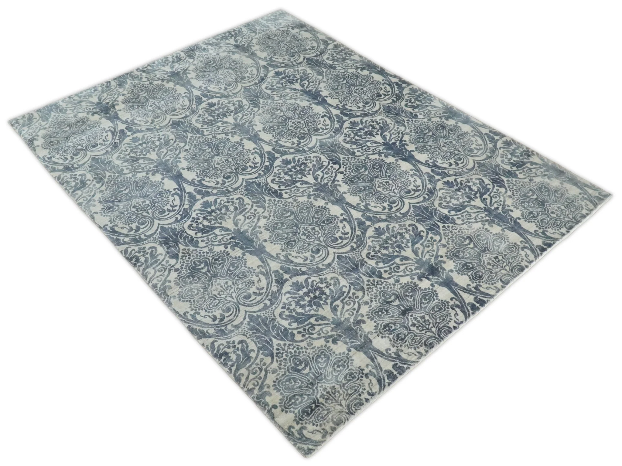 Handmade 7.8x9.10 Damask Ivory and gray Blended Wool and Bamboo Silk Area Rug - Image 7