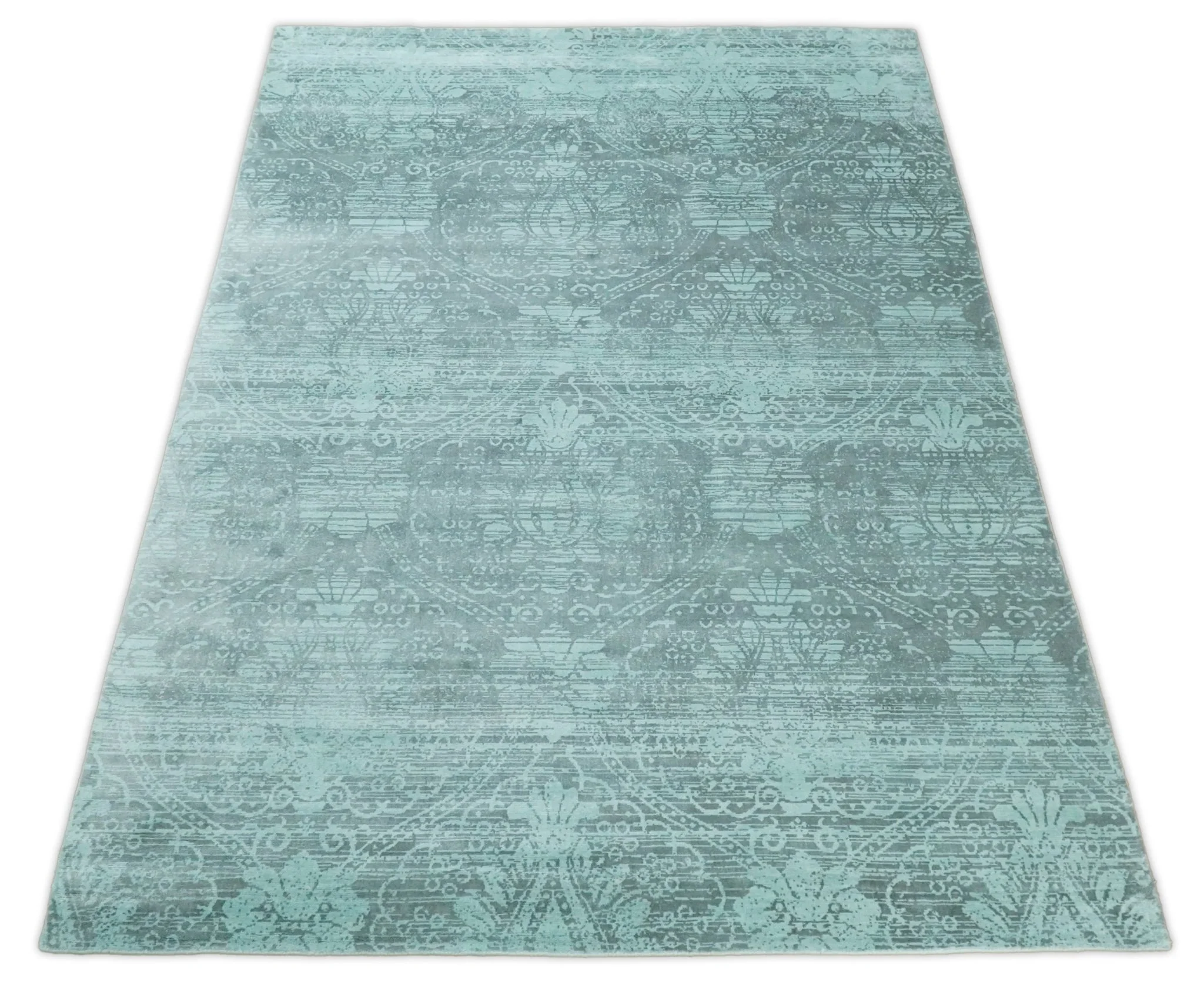 Handmade 6.8x9.10 Floral Blue Turquois Blended Wool and Bamboo Silk Area Rug - Image 3