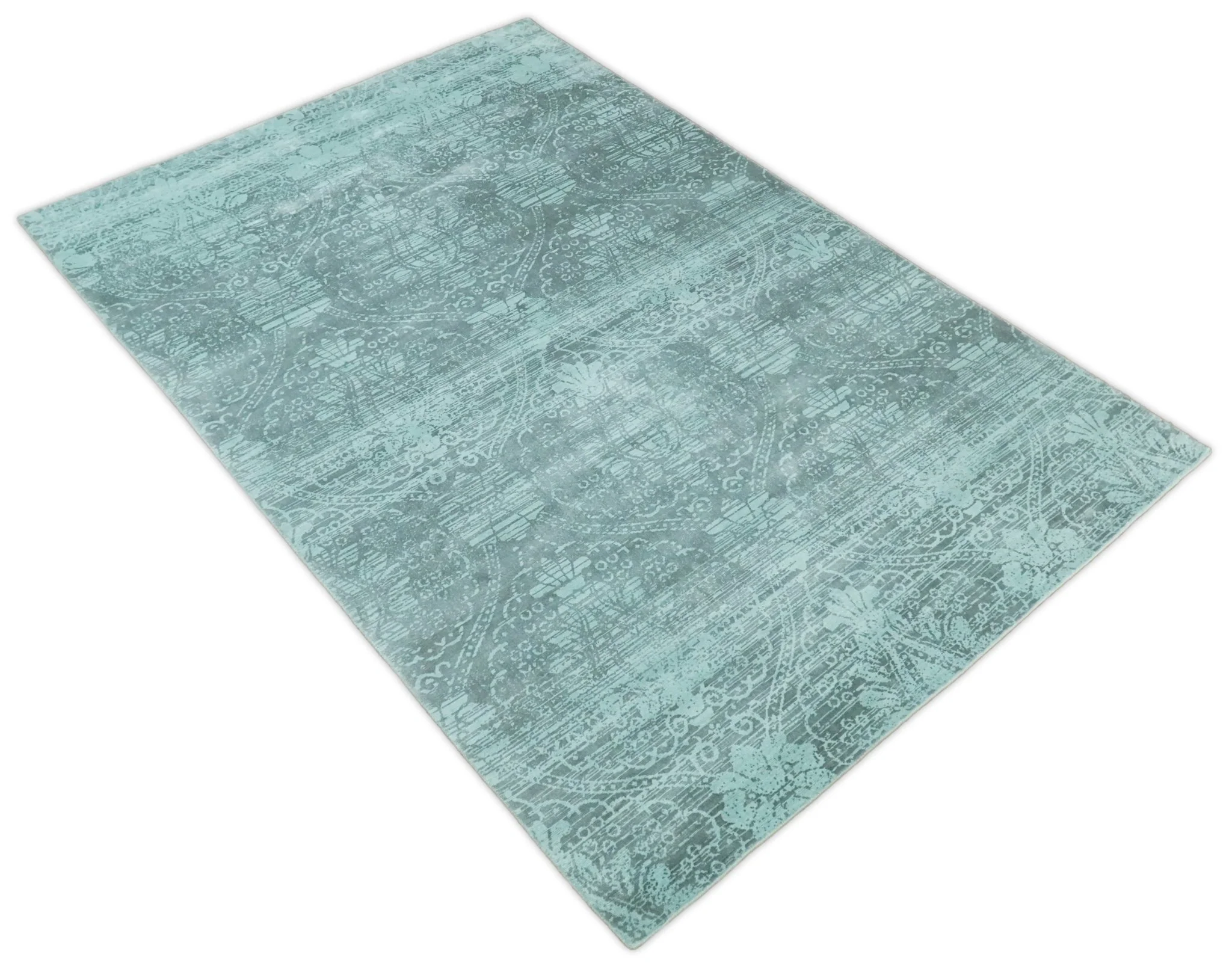 Handmade 6.8x9.10 Floral Blue Turquois Blended Wool and Bamboo Silk Area Rug - Image 9