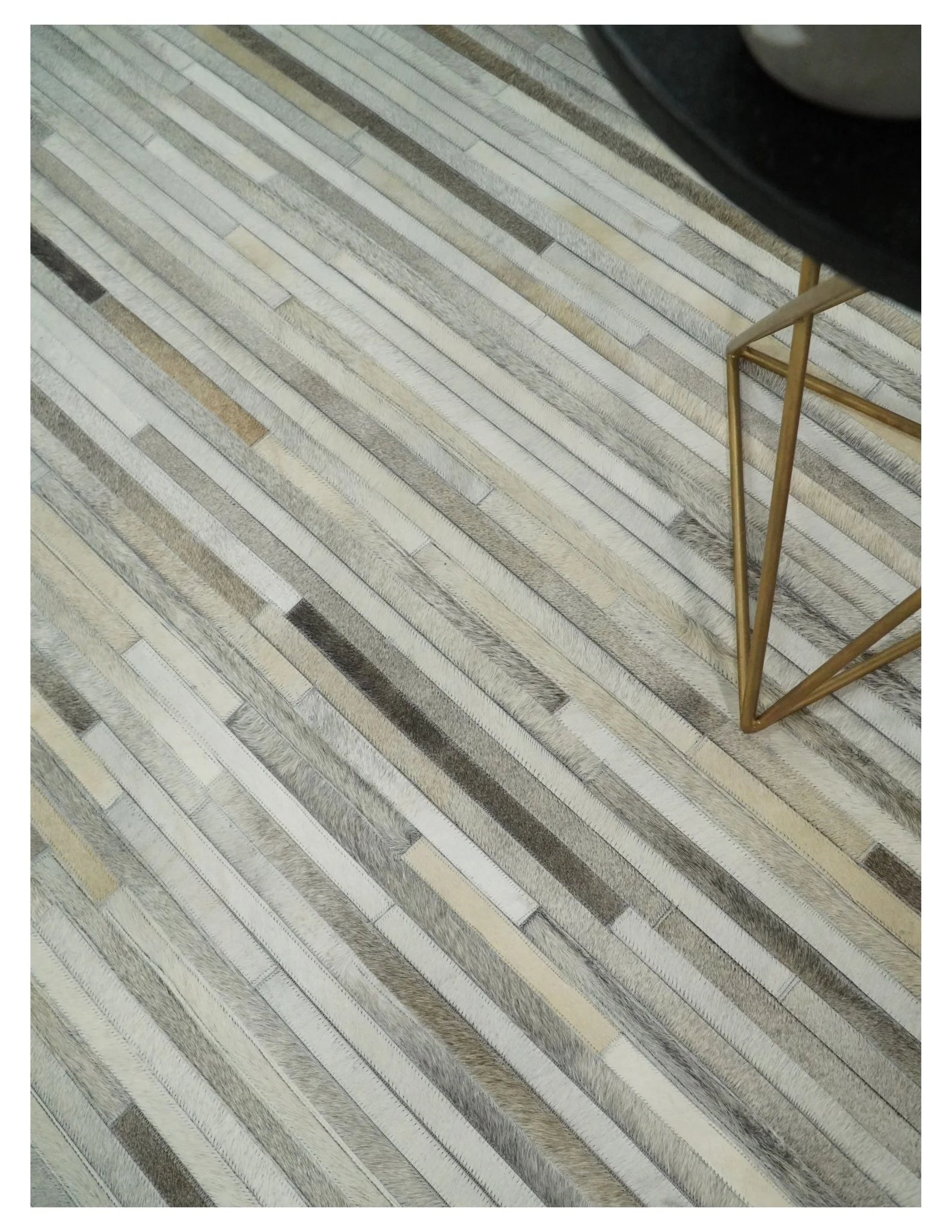 Flatweave Hairon Genuine Leather 5x8, 8x10 and 9x12 Stripe Design Beige and Ivory Area Rug | LR18 - Image 2