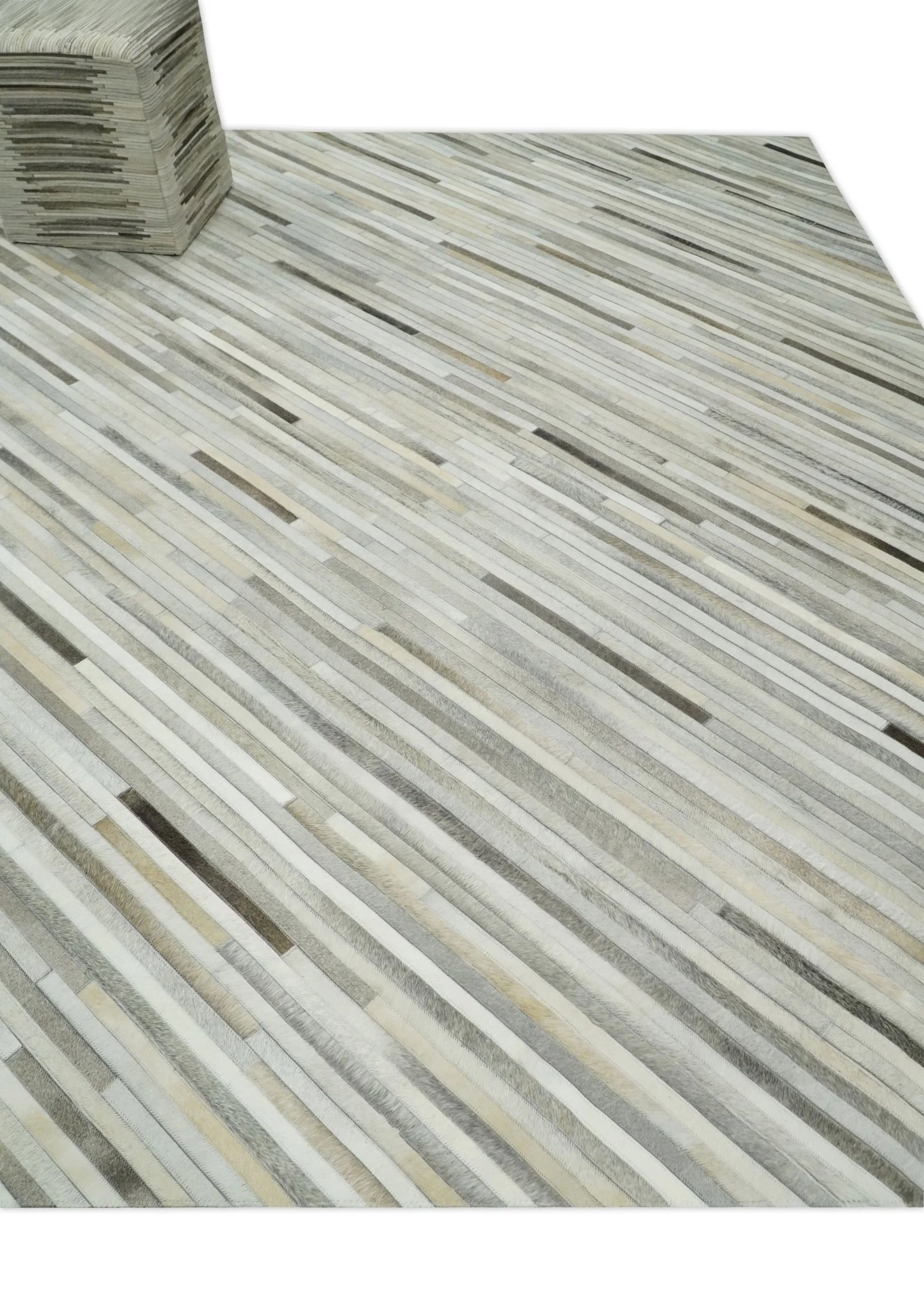 Flatweave Hairon Genuine Leather 5x8, 8x10 and 9x12 Stripe Design Beige and Ivory Area Rug | LR18 - Image 3