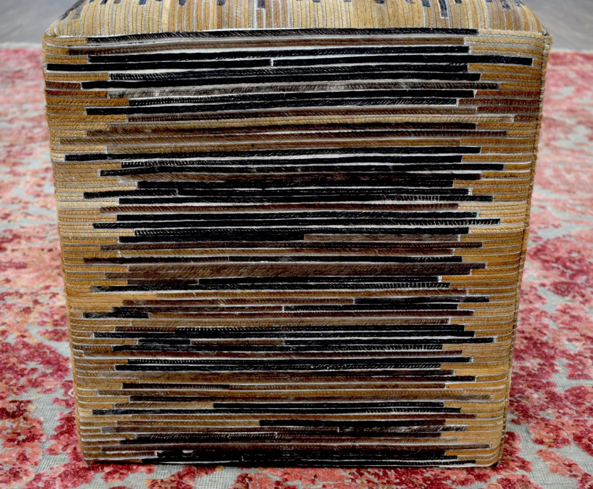 Brown and Black Square Leather Pouf Ottoman, Striped Patchwork Pouf Footstool, Side table, Seat , Foot Rest | TRD105 - Image 6