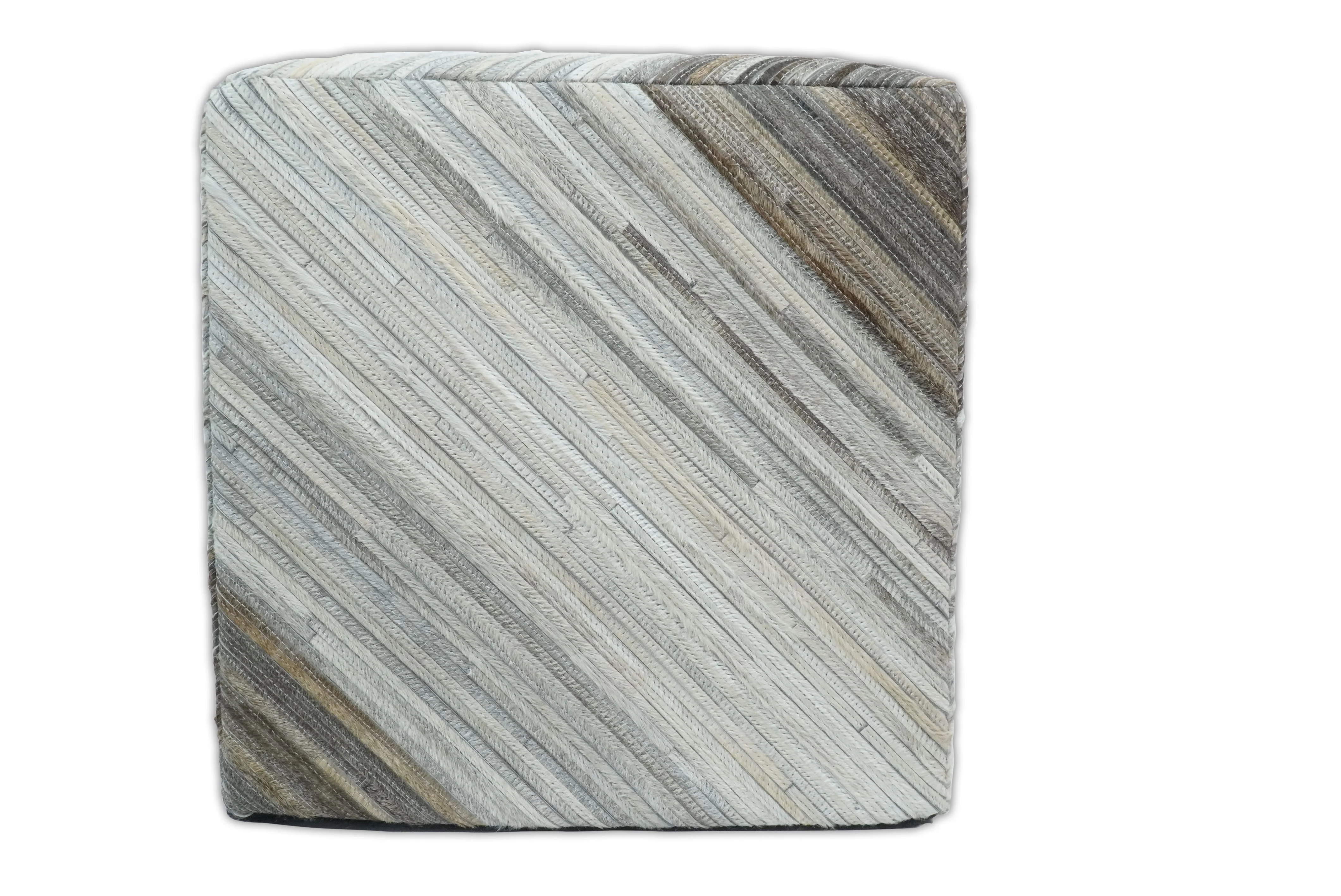 Ivory, Silver and Brown Square Leather Pouf Ottoman, Striped Footstool, Side table, Seat , Foot Rest | TRD106 - Image 3