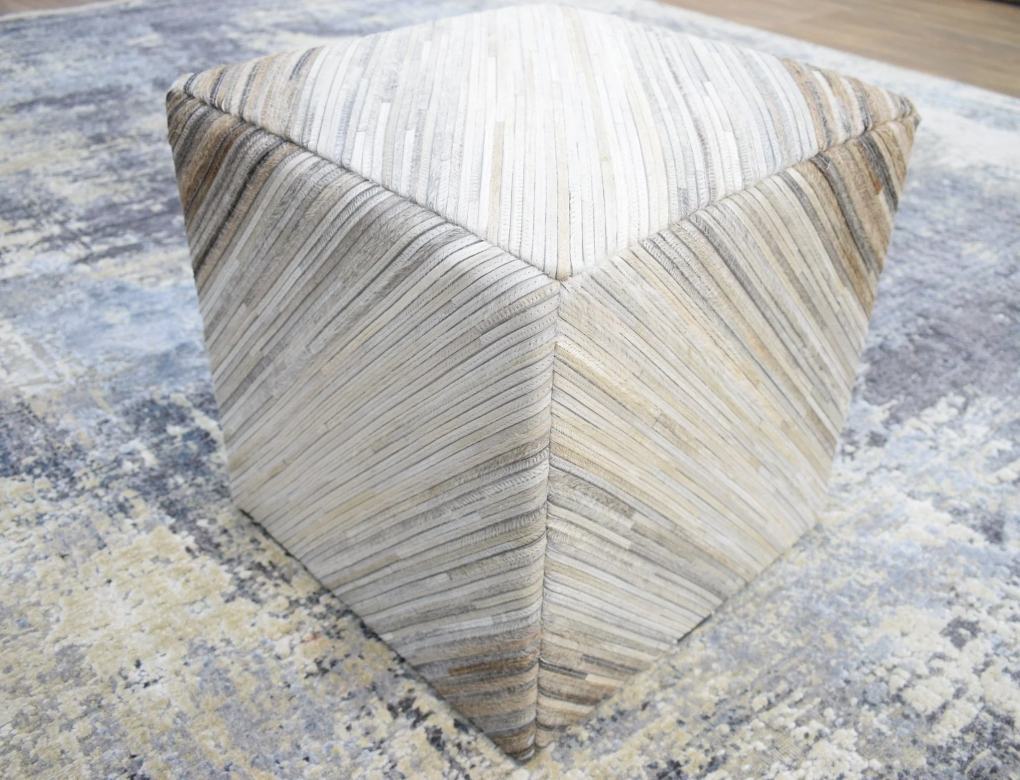 Ivory, Silver and Brown Square Leather Pouf Ottoman, Striped Footstool, Side table, Seat , Foot Rest | TRD106 - Image 4