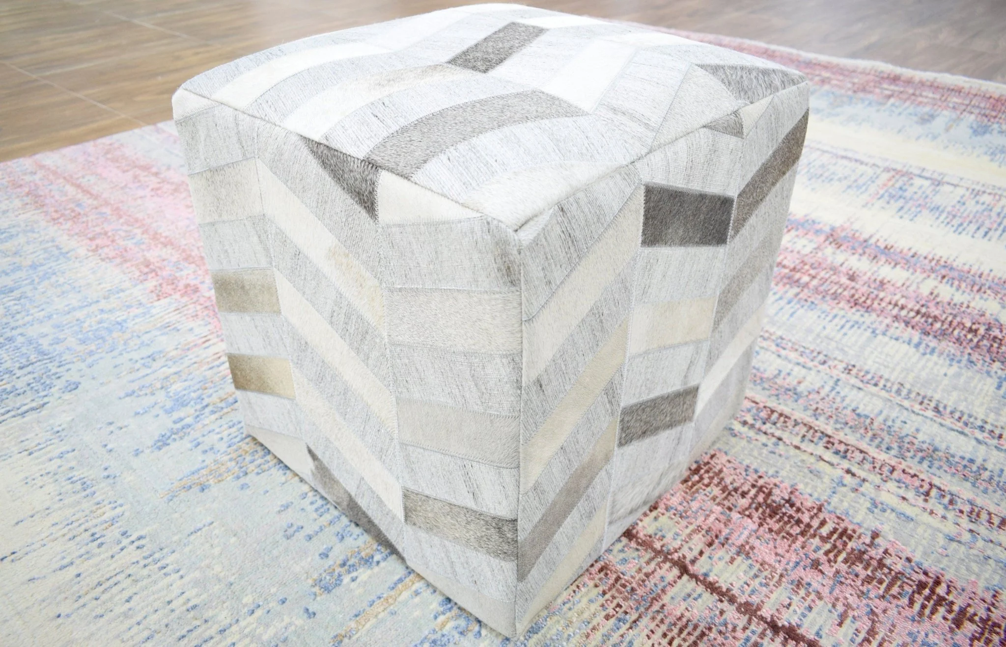 Ivory and Silver Square Leather Pouf Ottoman, Chevron Pouf, Footstool, Side table, Seat , Foot Rest, Living Room, Bedroom | TRD107 - Image 4