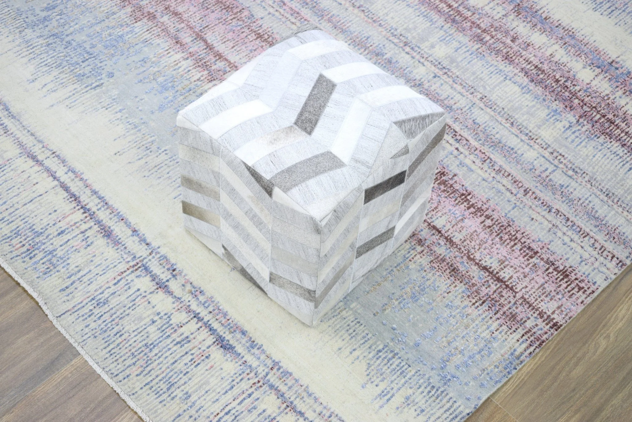 Ivory and Silver Square Leather Pouf Ottoman, Chevron Pouf, Footstool, Side table, Seat , Foot Rest, Living Room, Bedroom | TRD107 - Image 5