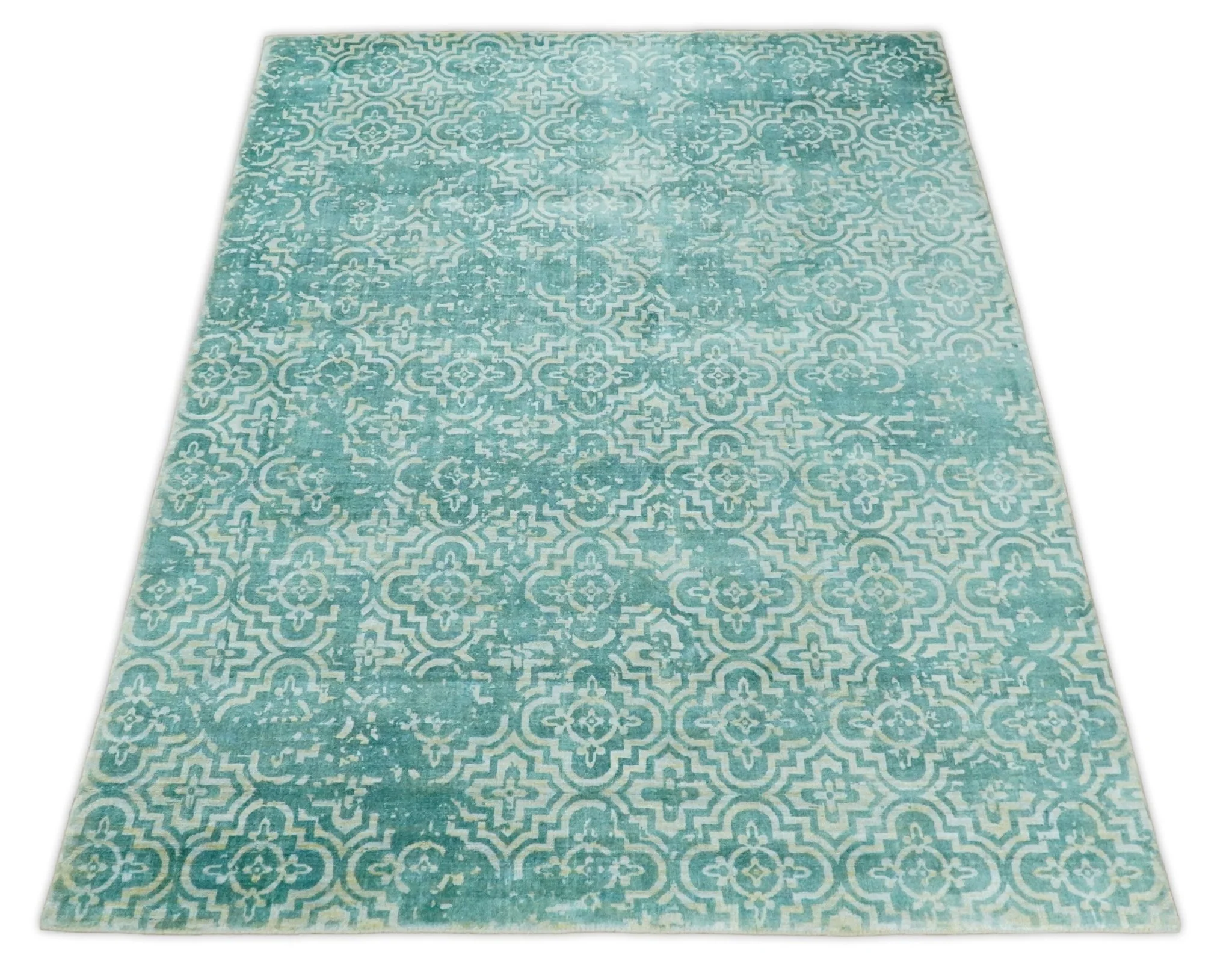 Handmade 5.7x7.11 Modern Blue Turquois Geometric Wool Blend Area Rug - Image 3