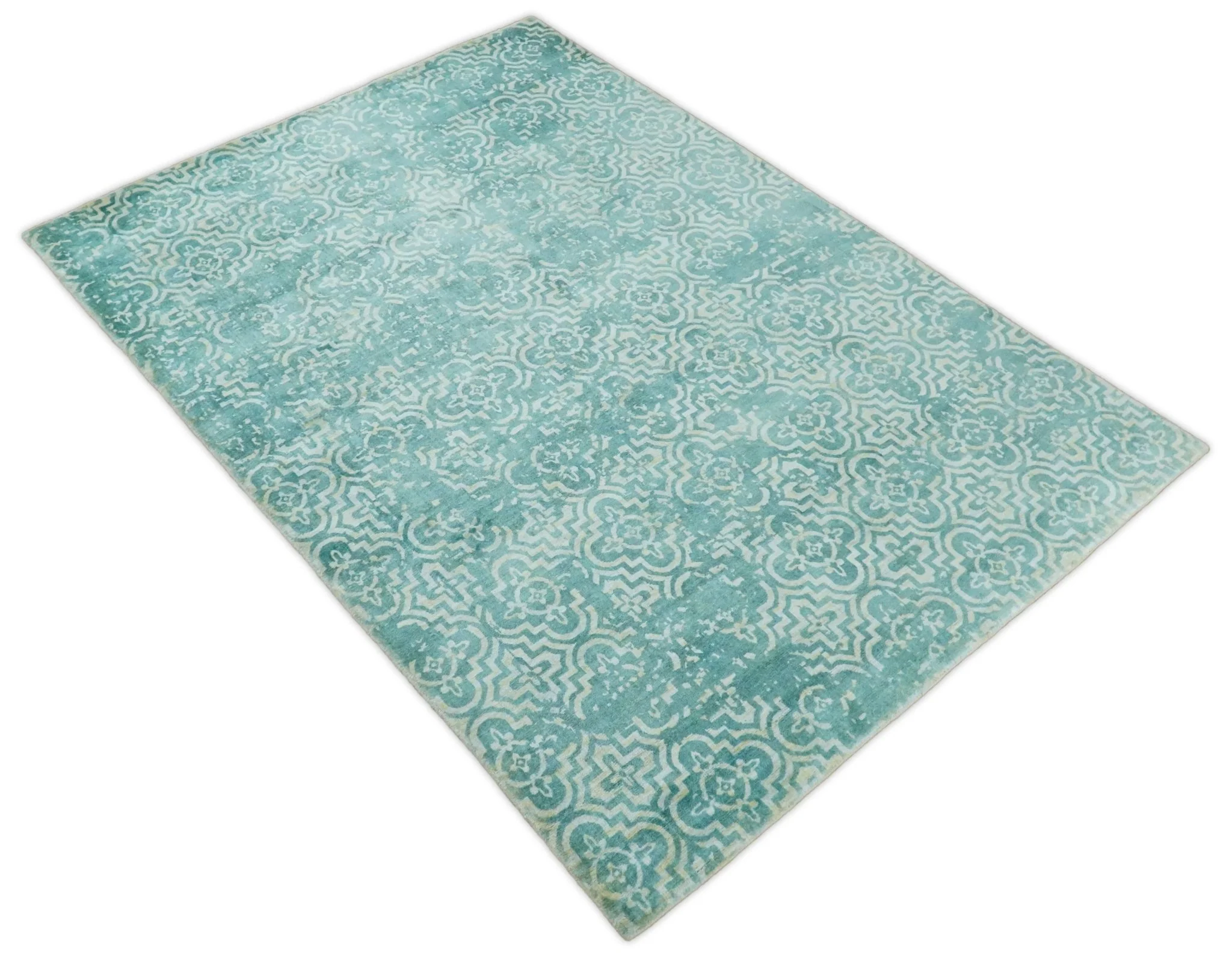 Handmade 5.7x7.11 Modern Blue Turquois Geometric Wool Blend Area Rug - Image 6