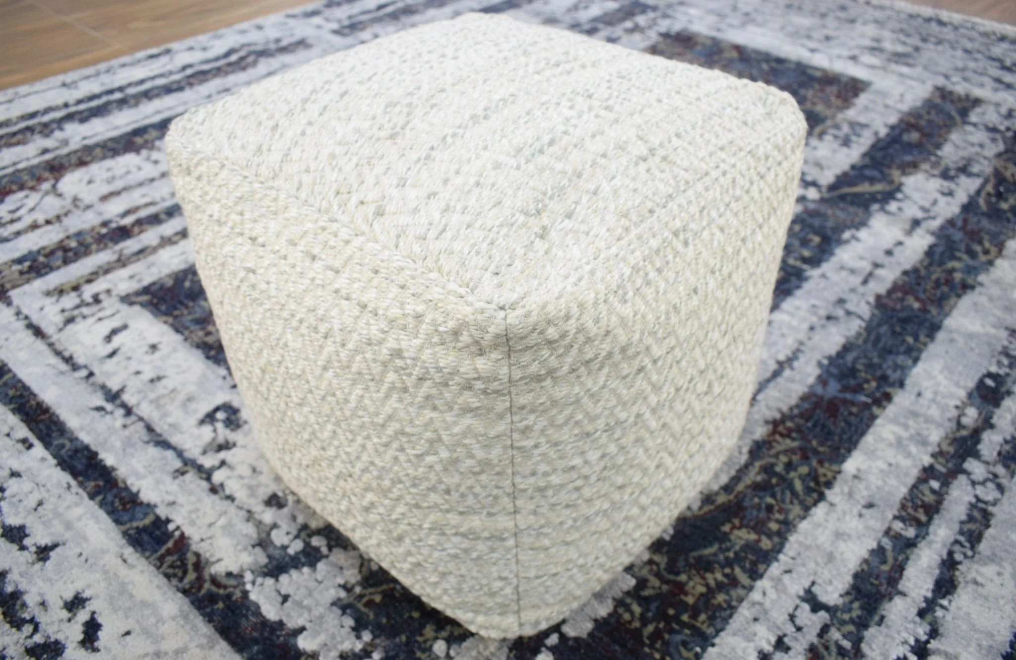 Ivory, Beige and Gray Modern Chevron Handwoven Beige Pouf Ottoman Made with Viscose, Contemporary Chevron Design, Footstool, Couch, Side table  | TRD110 - Image 6