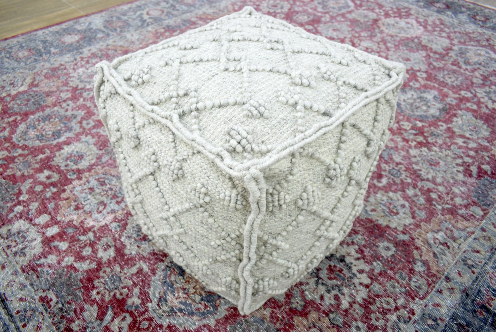 Boho Handwoven Ivory Pouf Ottoman Made with Wool Blend, Tribal Design, Footstool, Couch, Side table  | TRD111 - Image 6