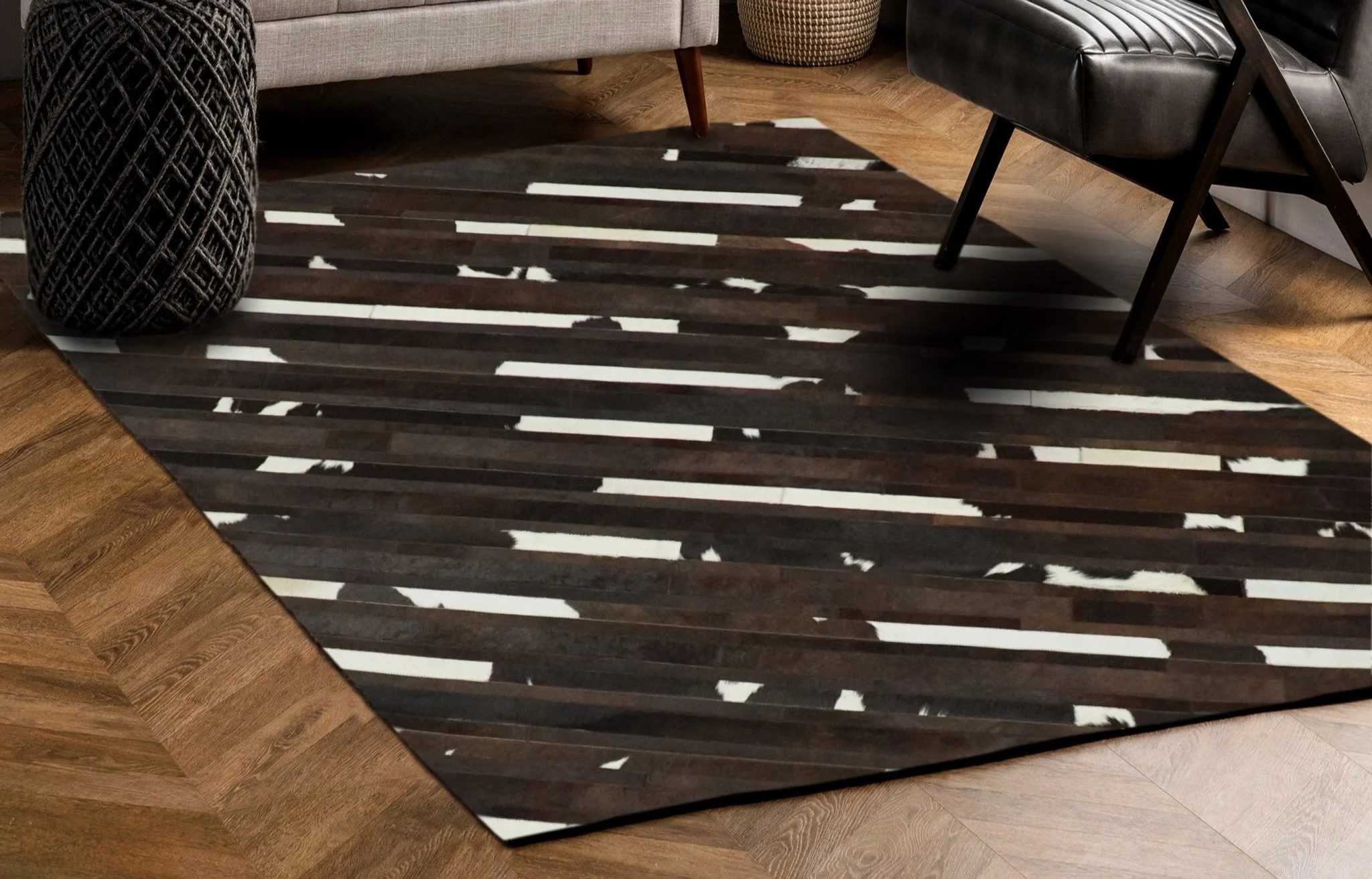 Flatweave Hairon Genuine Leather 5x8, 8x10 and 9x12 Brown Tan and Ivory Area Rug | LR16 - Image 2