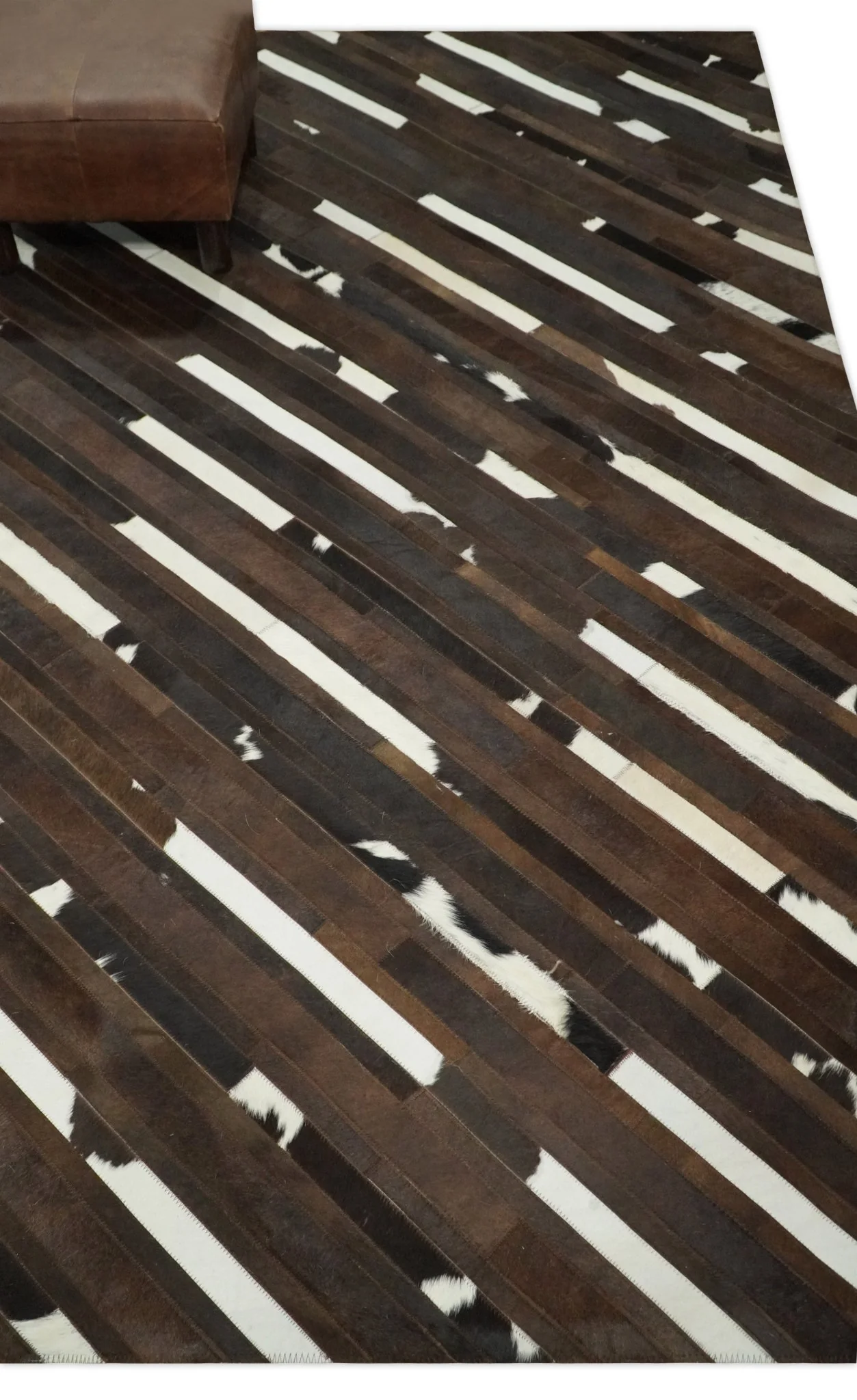 Flatweave Hairon Genuine Leather 5x8, 8x10 and 9x12 Brown Tan and Ivory Area Rug | LR16 - Image 4