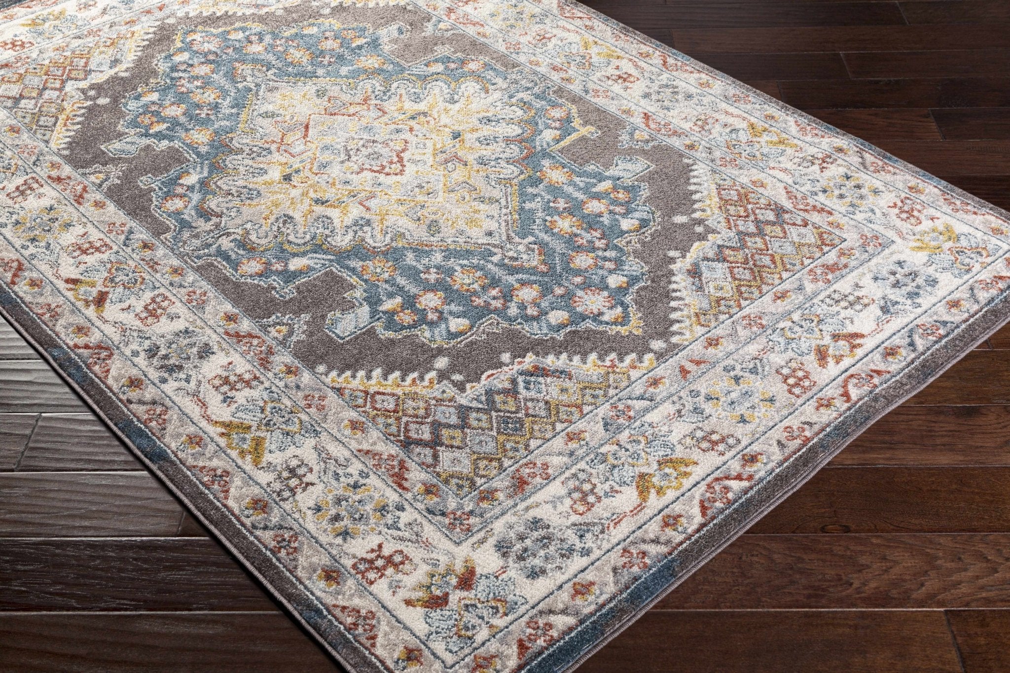 Traditional Design Heriz Serapi Cream, Charcoal, Blue, Gray, Mustard, red area rug - Image 3