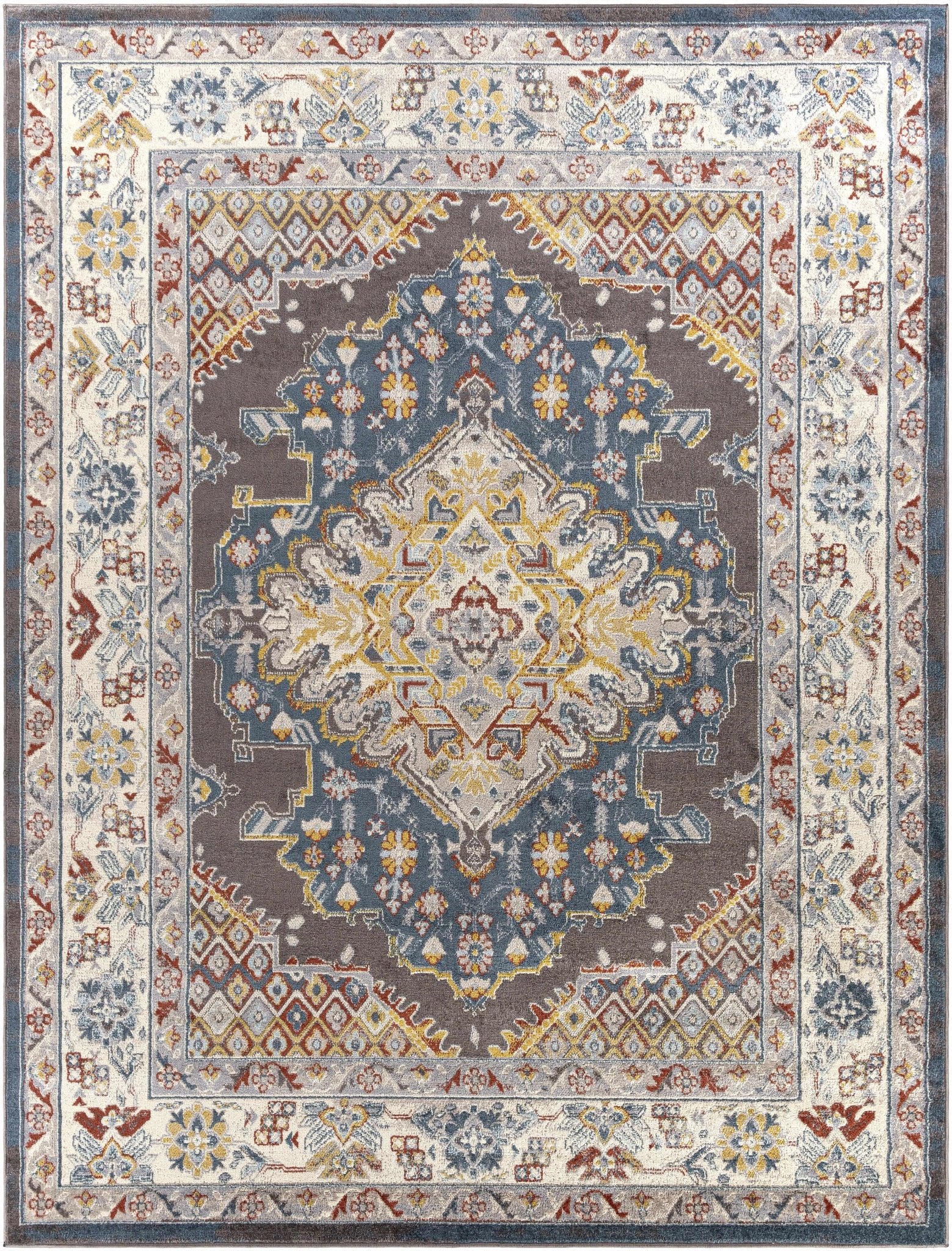 Traditional Design Heriz Serapi Cream, Charcoal, Blue, Gray, Mustard, red area rug - Image 8