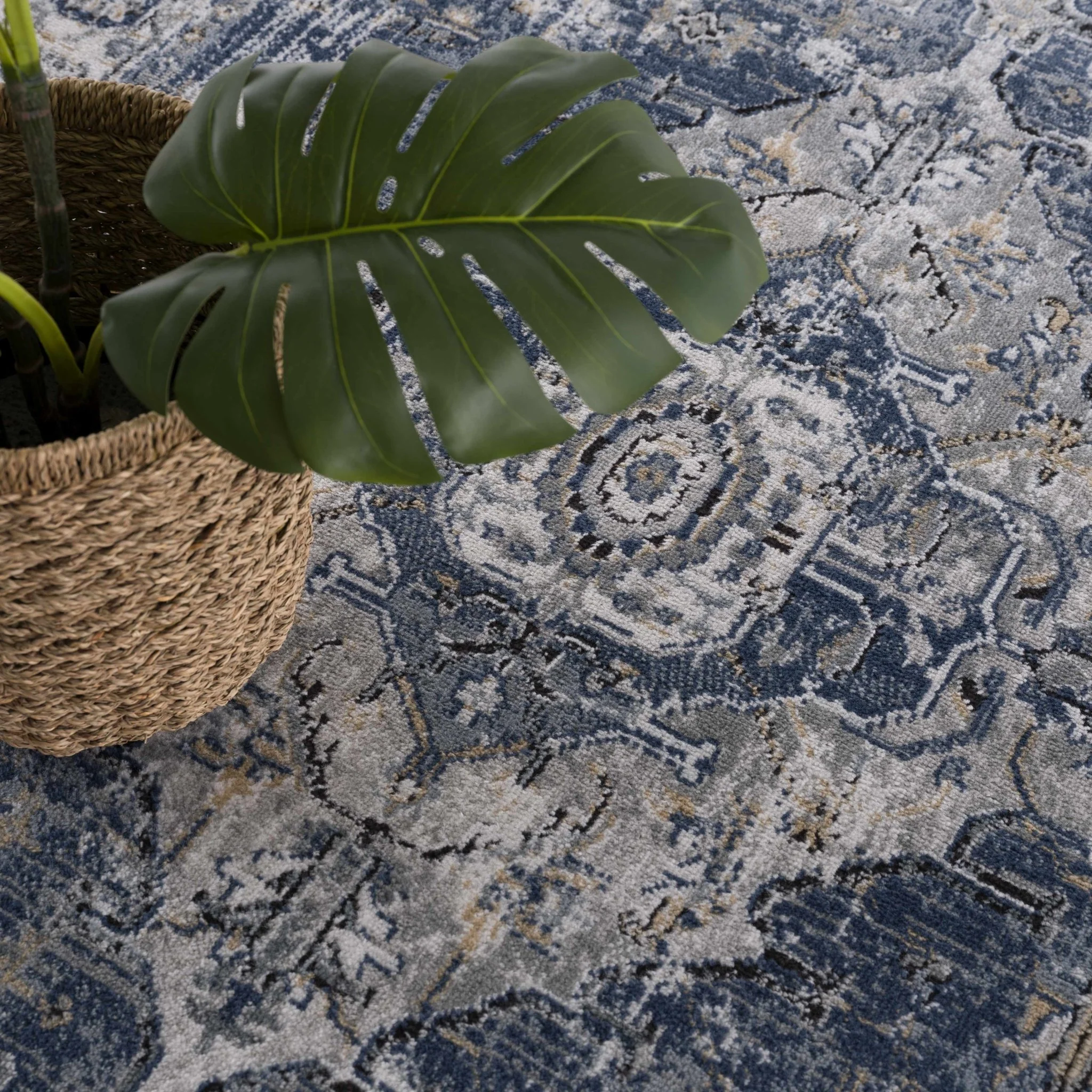 Traditional Heriz Medallion Design Blue, Ivory and Gray Medium Pile Area Rug - Image 12