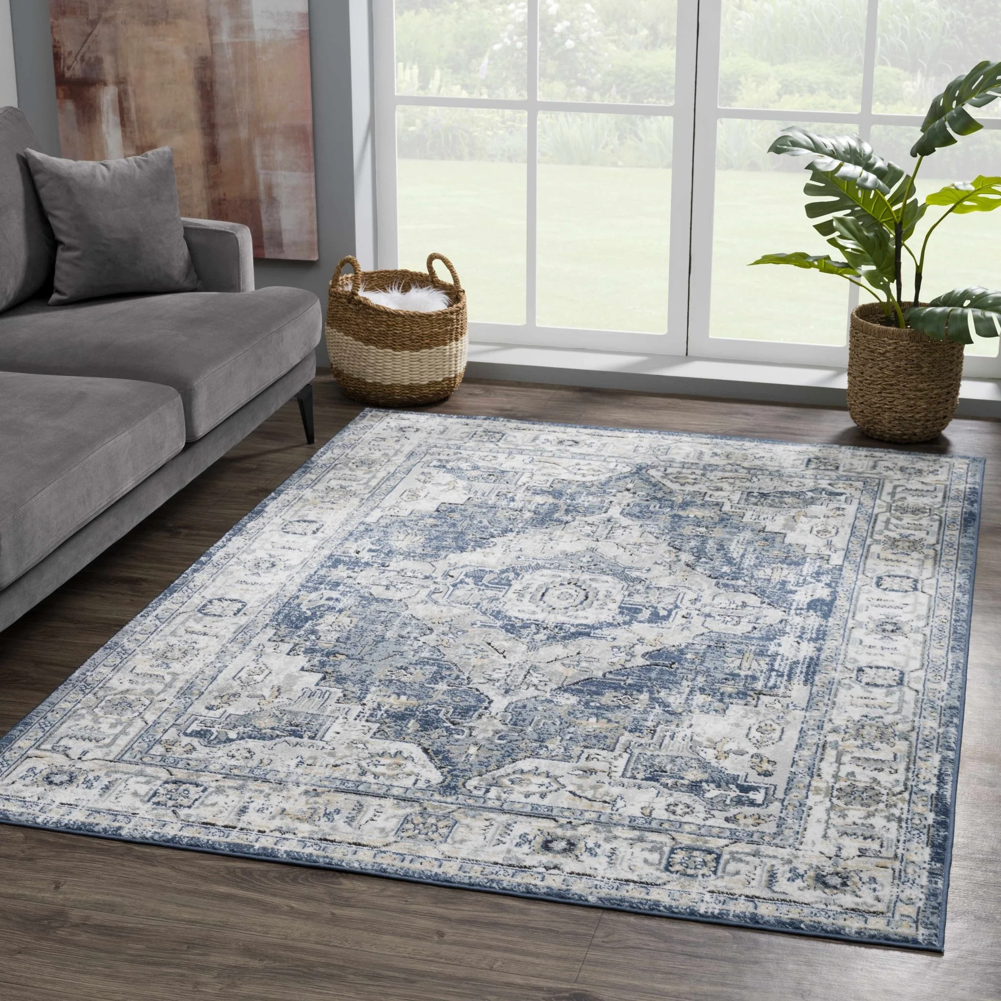 Traditional Heriz Medallion Design Blue, Ivory and Gray Medium Pile Area Rug - Image 14
