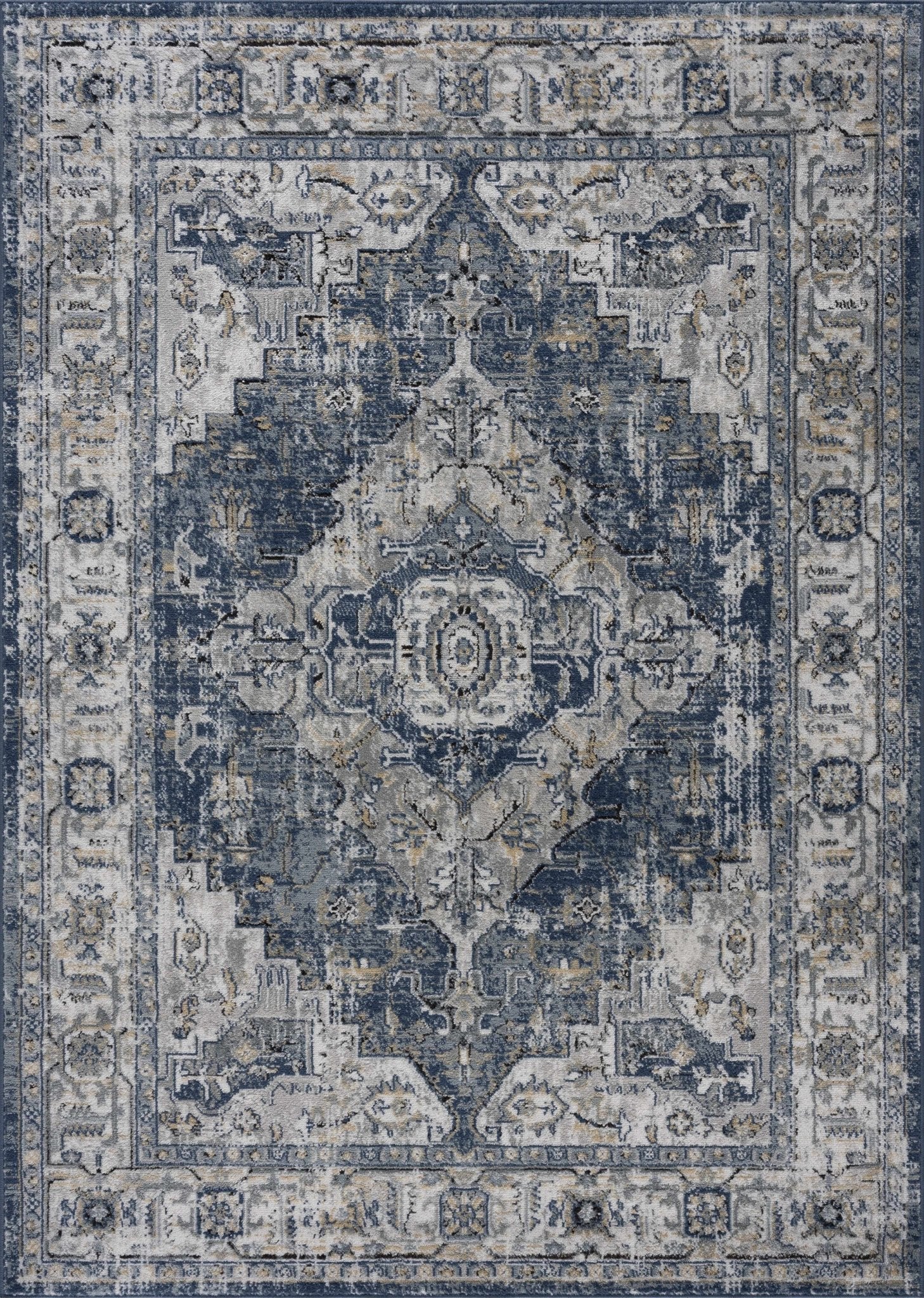Traditional Heriz Medallion Design Blue, Ivory and Gray Medium Pile Area Rug - Image 16