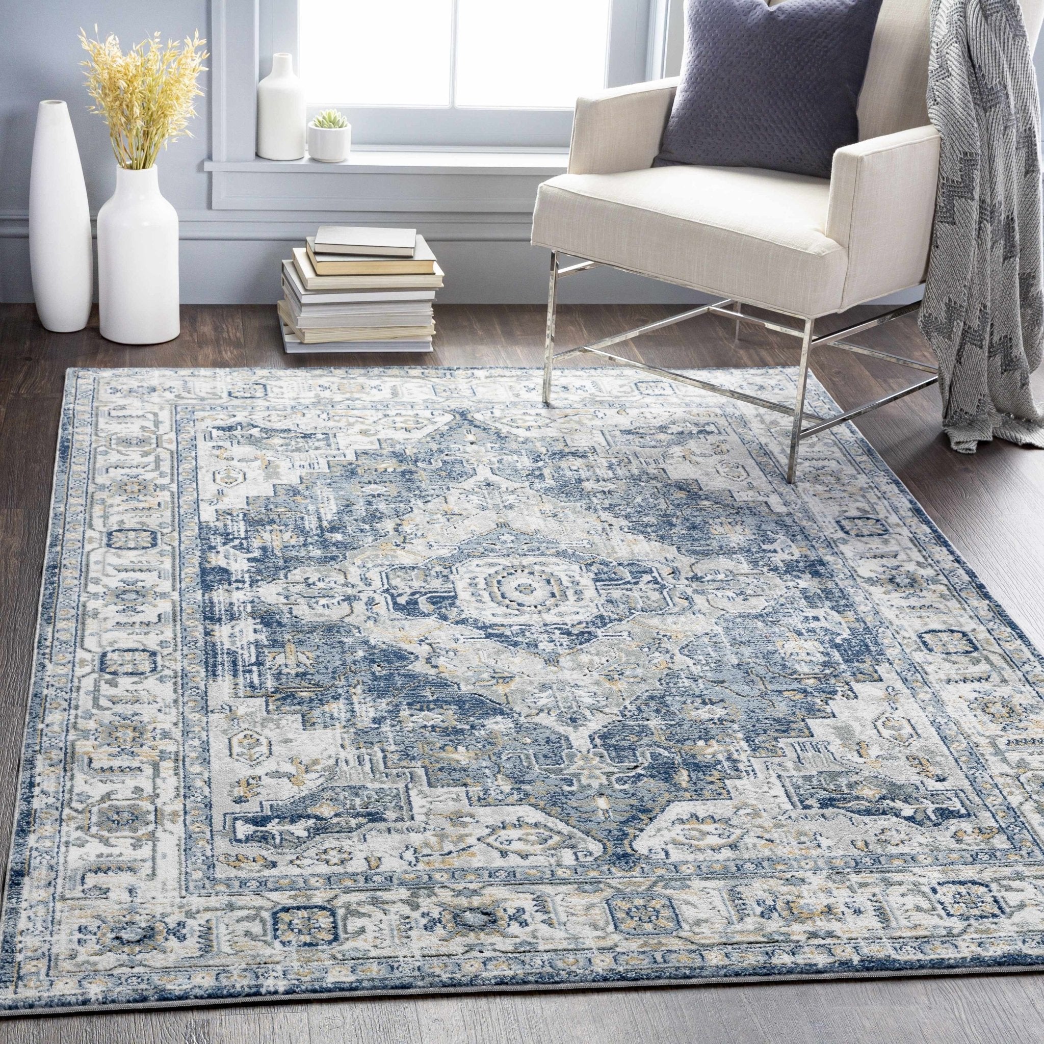 Traditional Heriz Medallion Design Blue, Ivory and Gray Medium Pile Area Rug - Image 3
