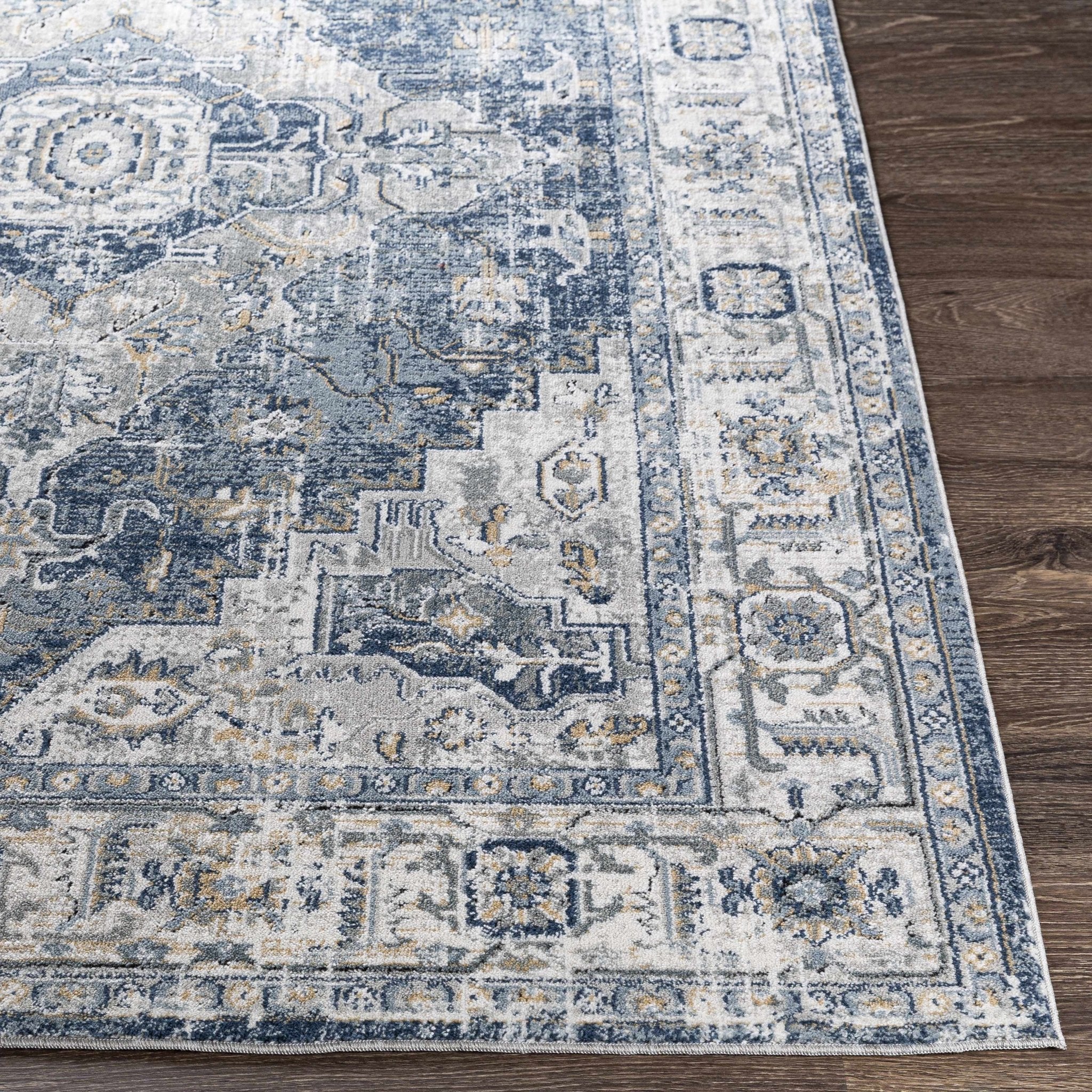 Traditional Heriz Medallion Design Blue, Ivory and Gray Medium Pile Area Rug - Image 4