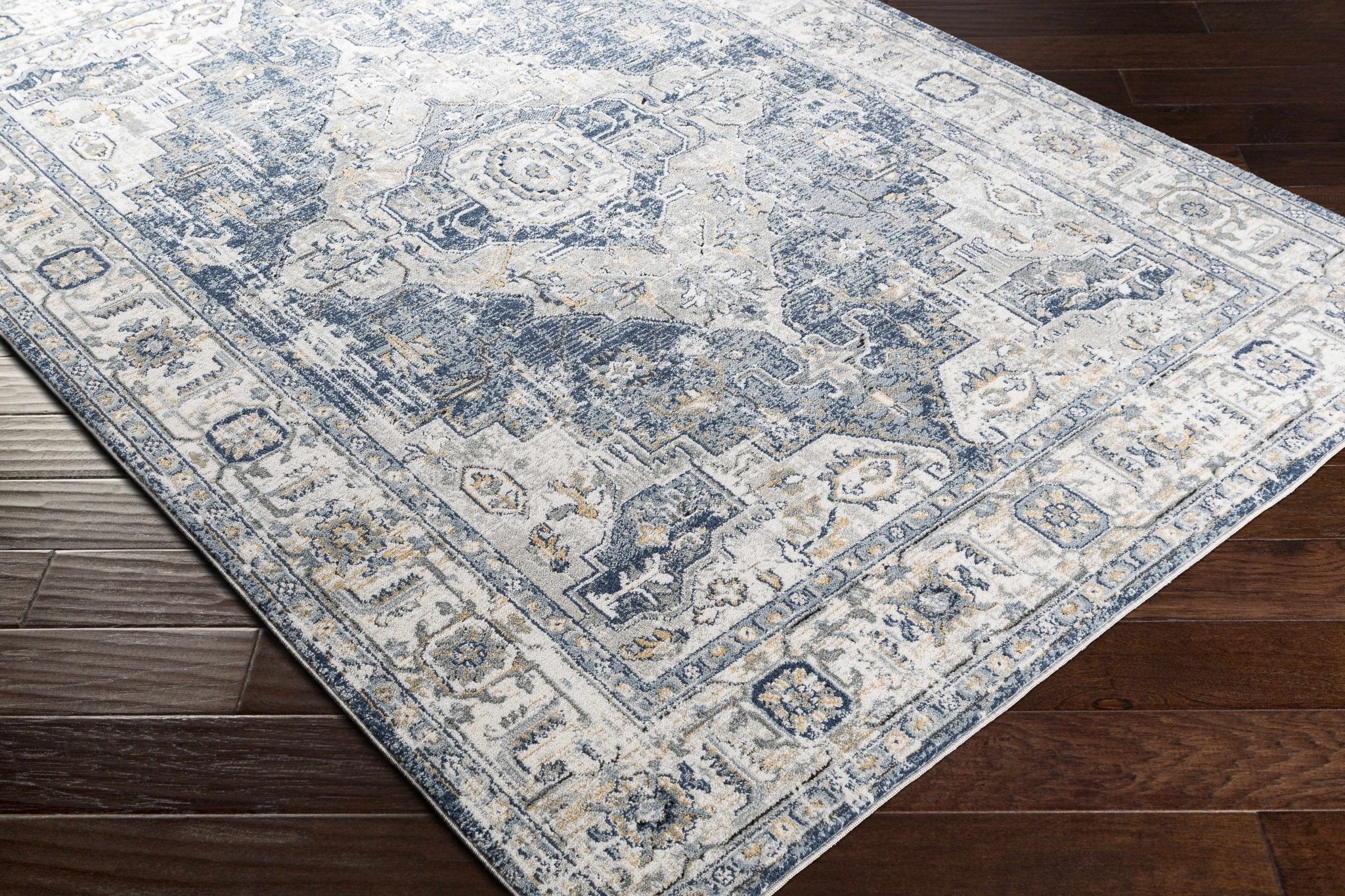 Traditional Heriz Medallion Design Blue, Ivory and Gray Medium Pile Area Rug - Image 5