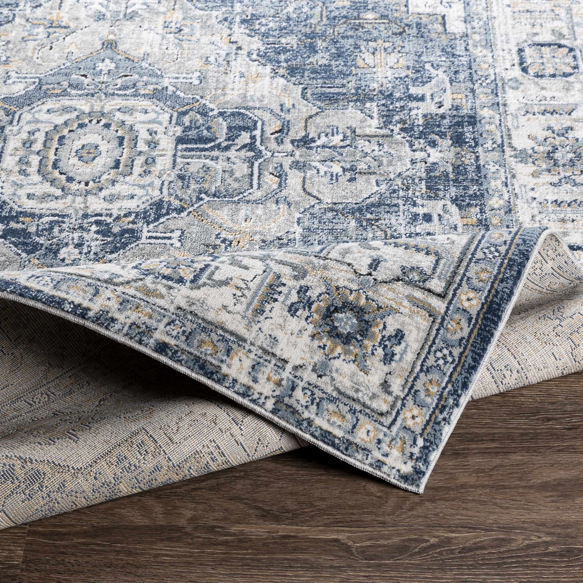 Traditional Heriz Medallion Design Blue, Ivory and Gray Medium Pile Area Rug - Image 6