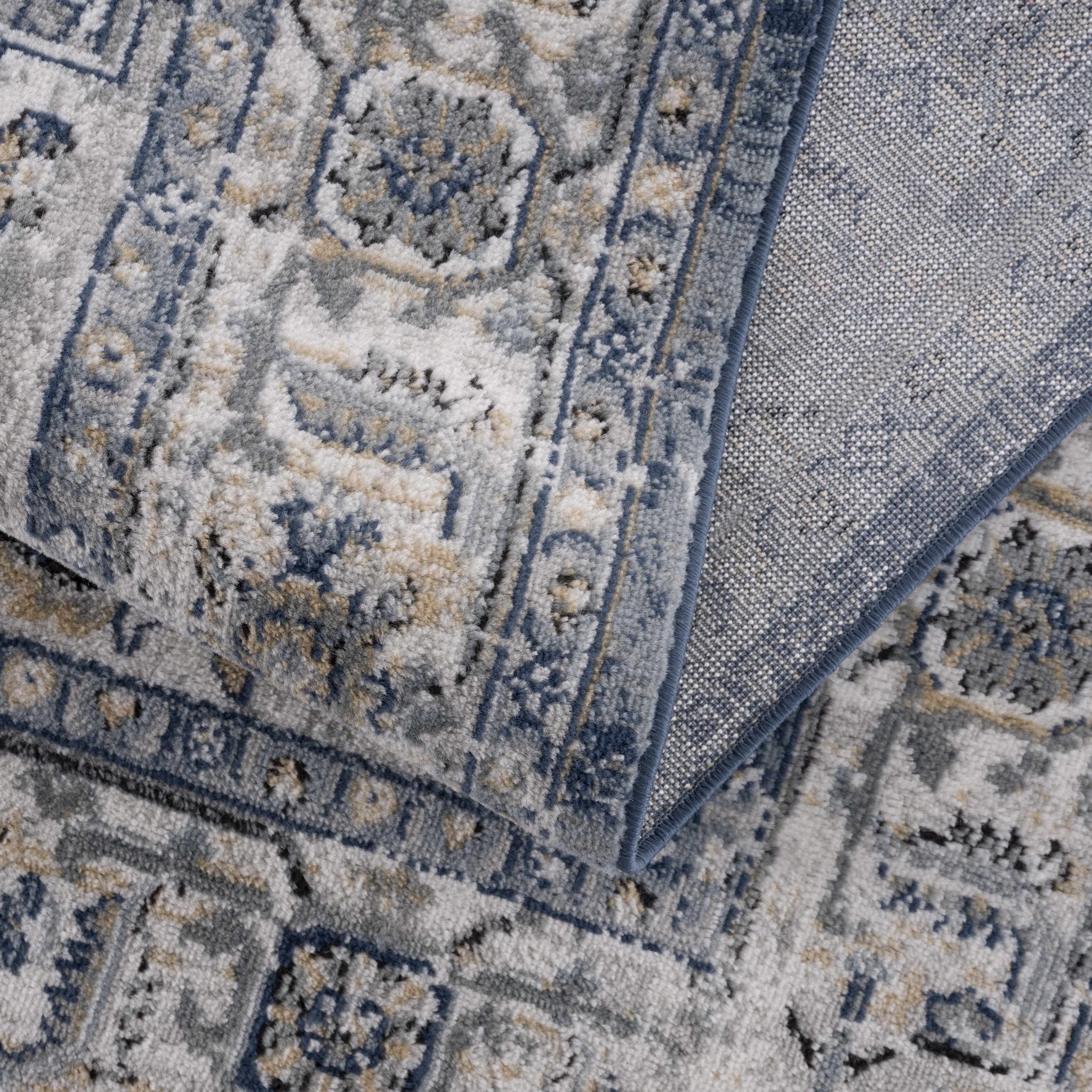 Traditional Heriz Medallion Design Blue, Ivory and Gray Medium Pile Area Rug - Image 7