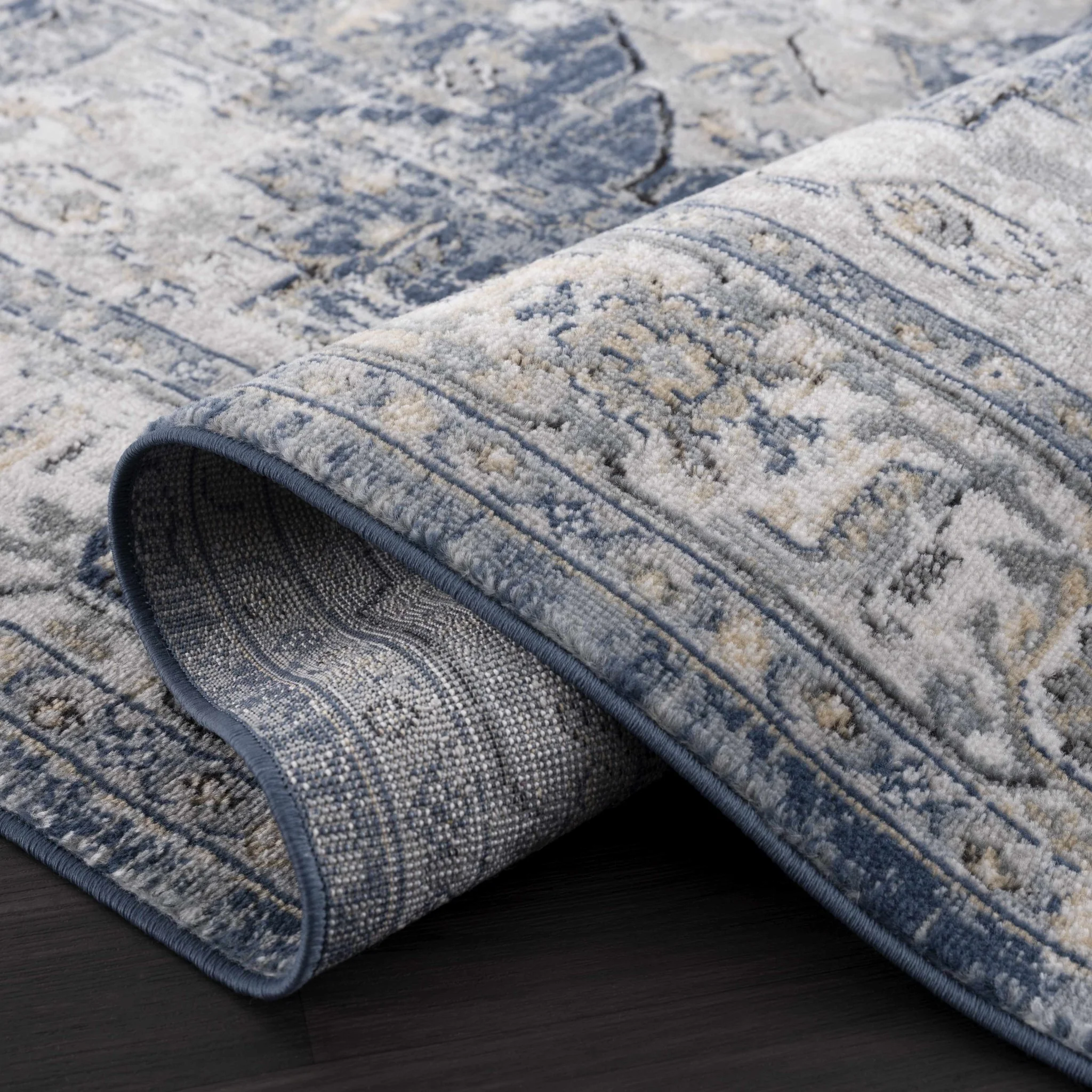 Traditional Heriz Medallion Design Blue, Ivory and Gray Medium Pile Area Rug - Image 8