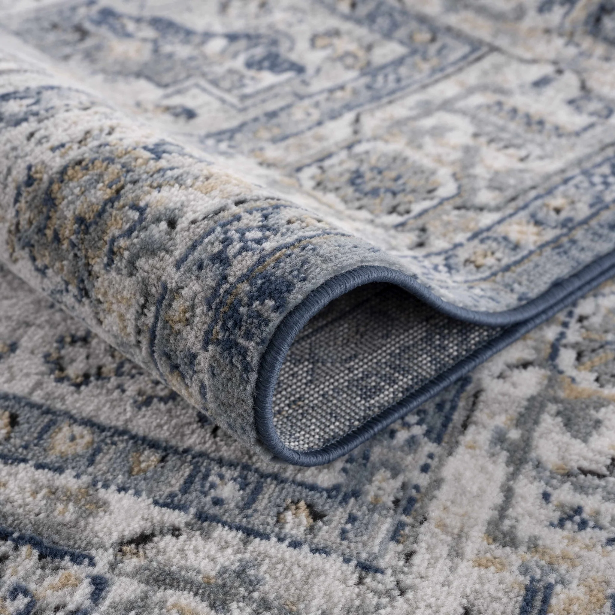 Traditional Heriz Medallion Design Blue, Ivory and Gray Medium Pile Area Rug - Image 9