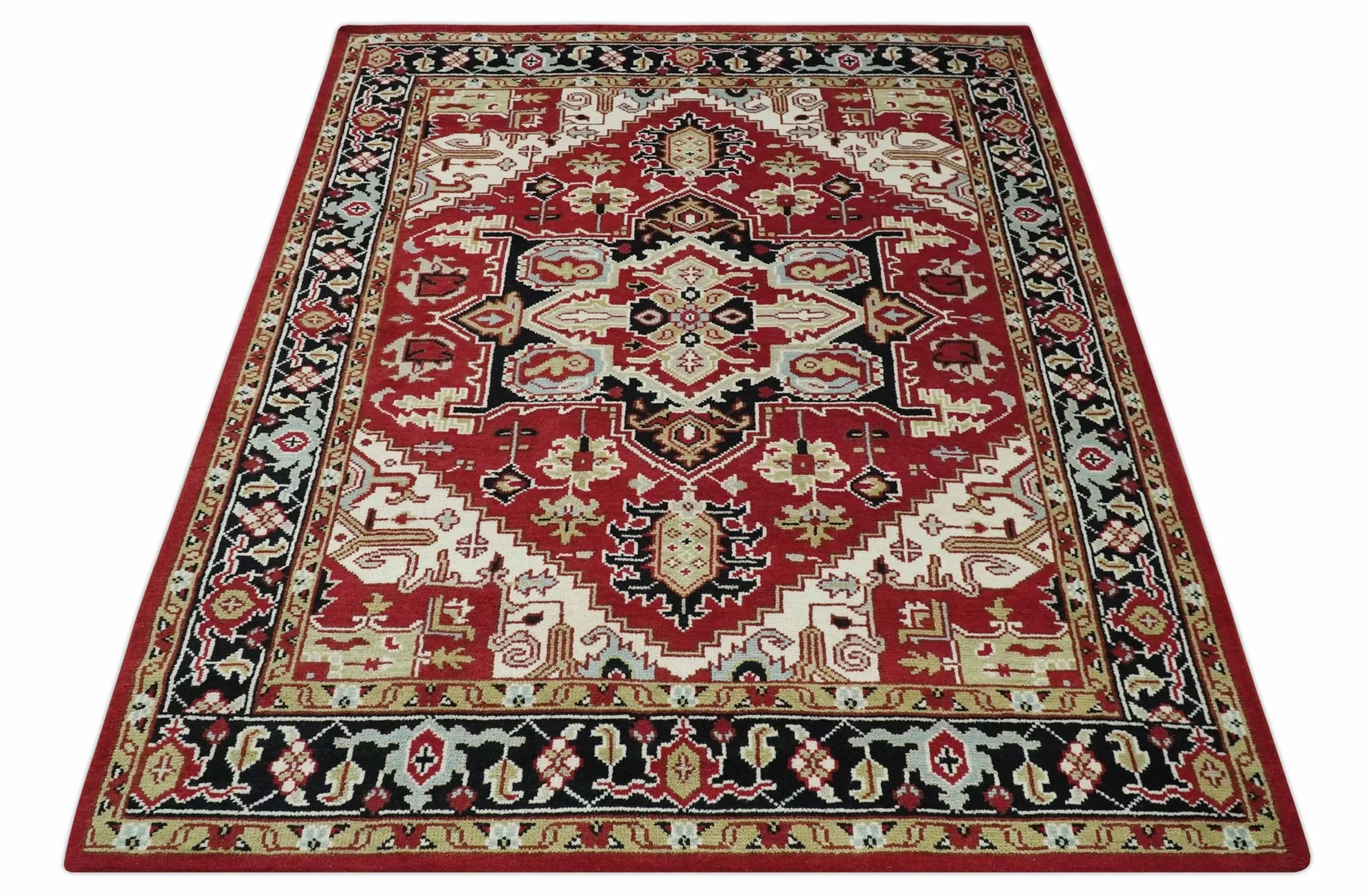 Custom Made Traditional Heriz Rust, Ivory, Black and Beige Hand knotted Medallion Wool Area Rug - Image 11